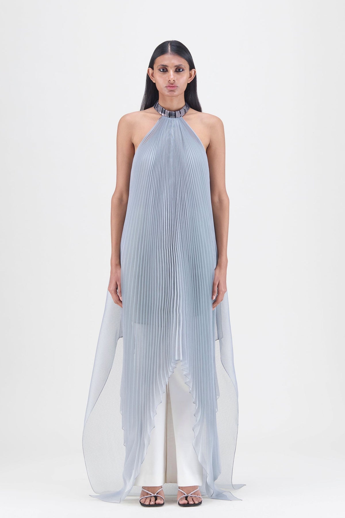 Pleated Halter Gown in Steel