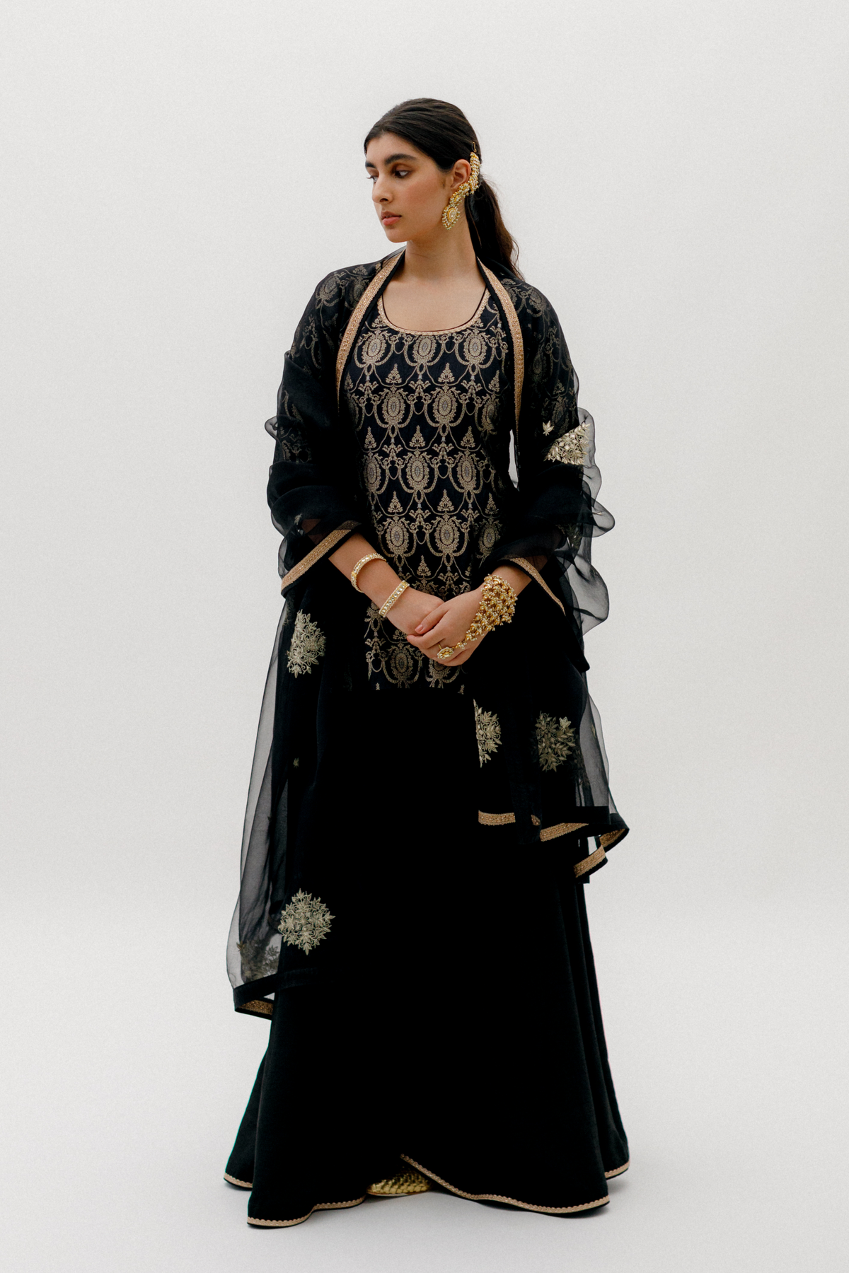 Black Brocade Short Sharara set