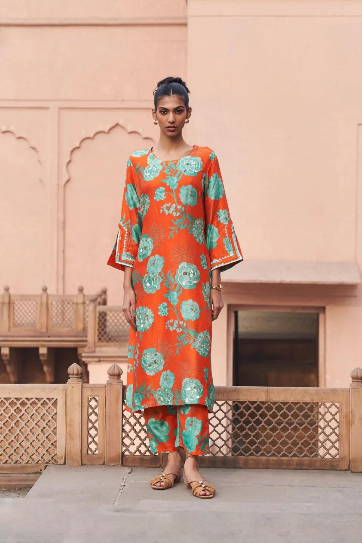 Orange Moroccan Jaal Kurta Set
