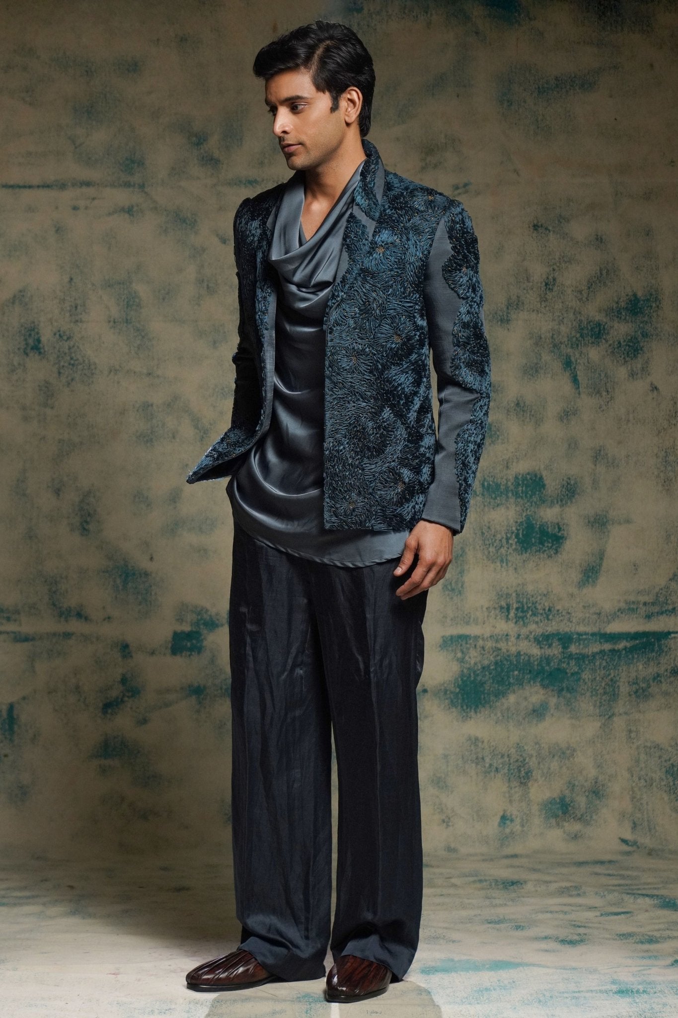 Charcoal Blue Short Jacket Set - Jatin Malik - Elahe