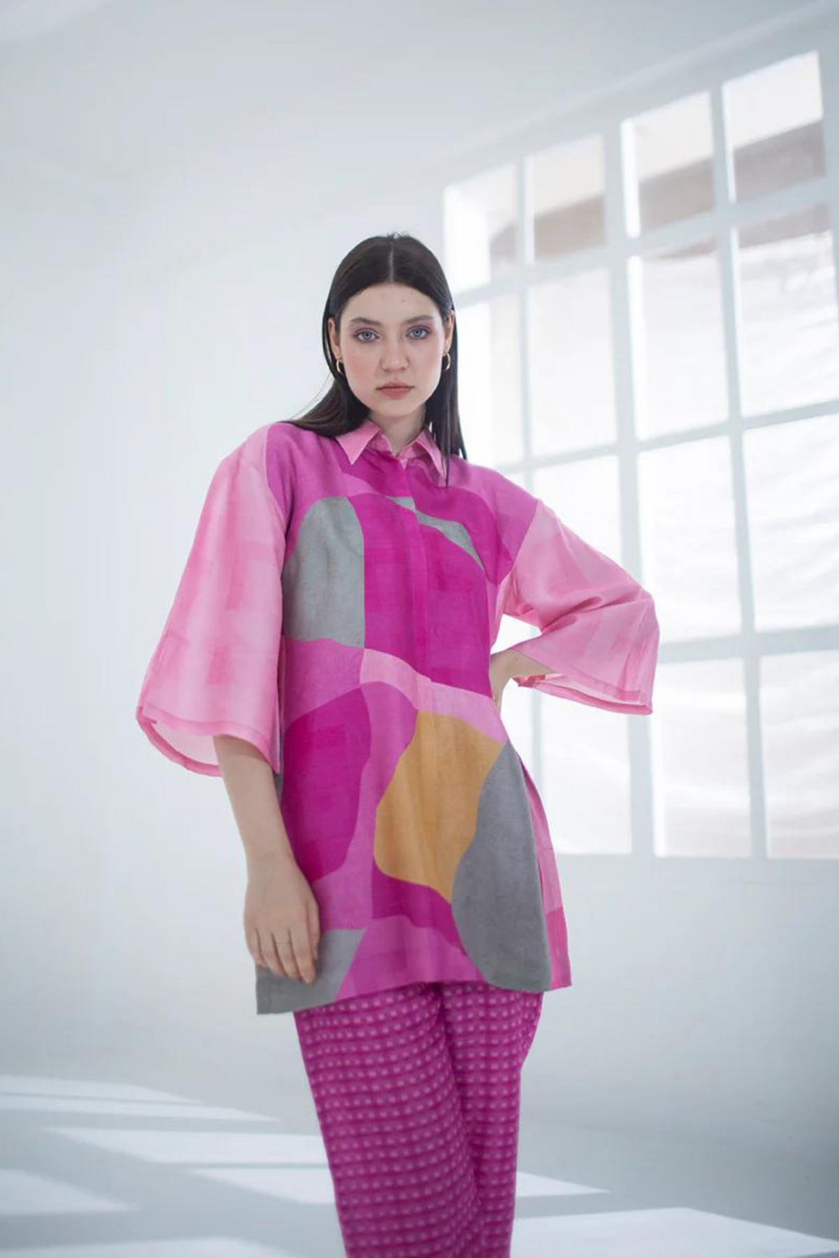 Fuchsia Abstract Geometric  Tunics Set