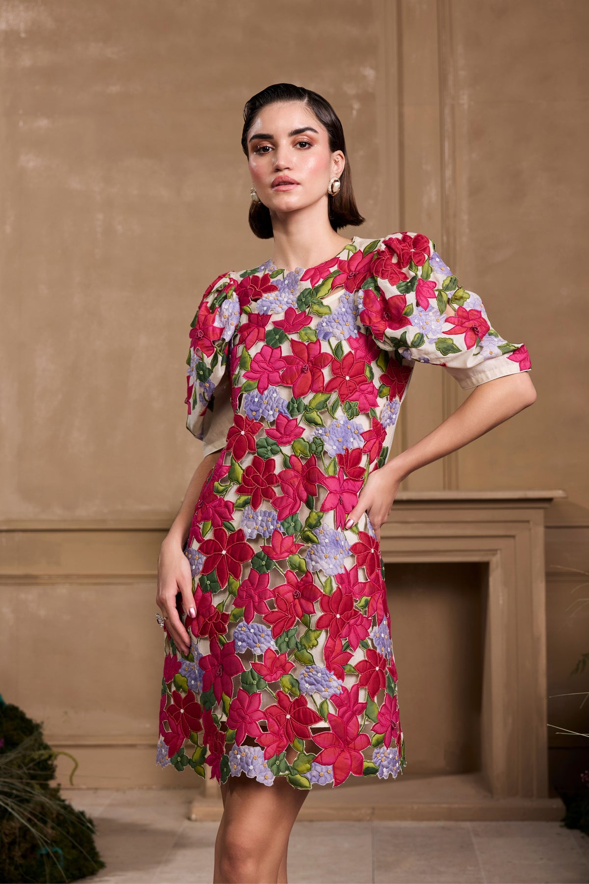 Ivory Hydrangea  Applique Short Dress