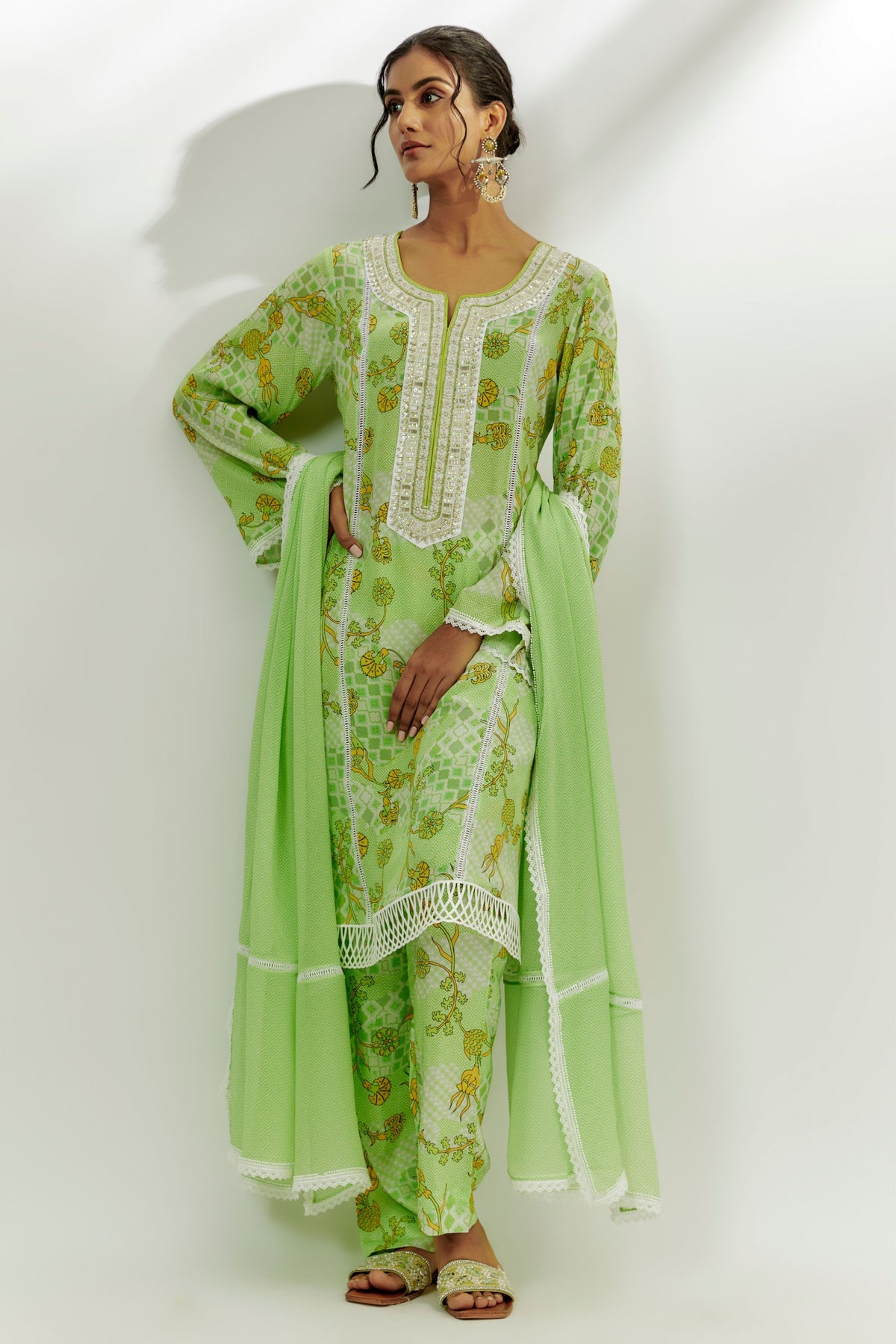 Lime Green Floral Print Kurta Set