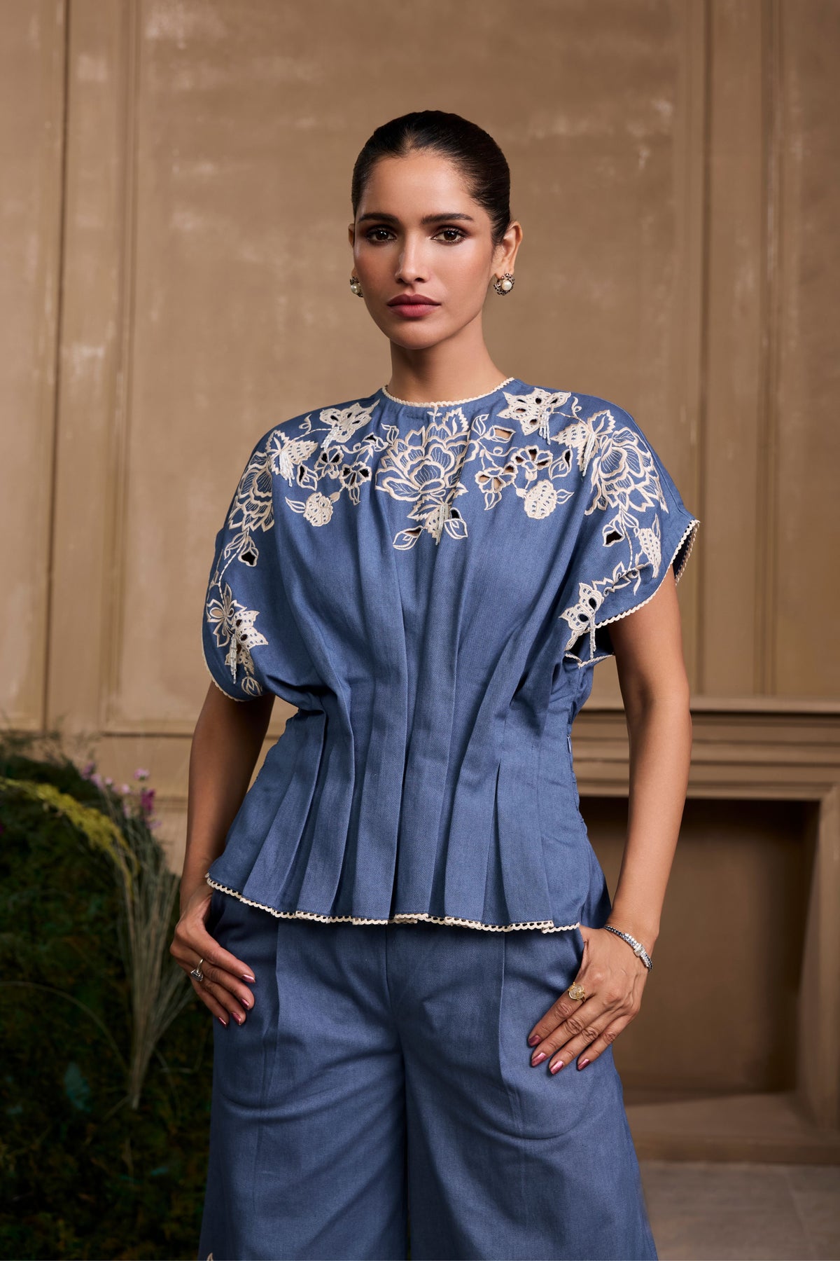 Blue Contrast Cutwork Pleated Top