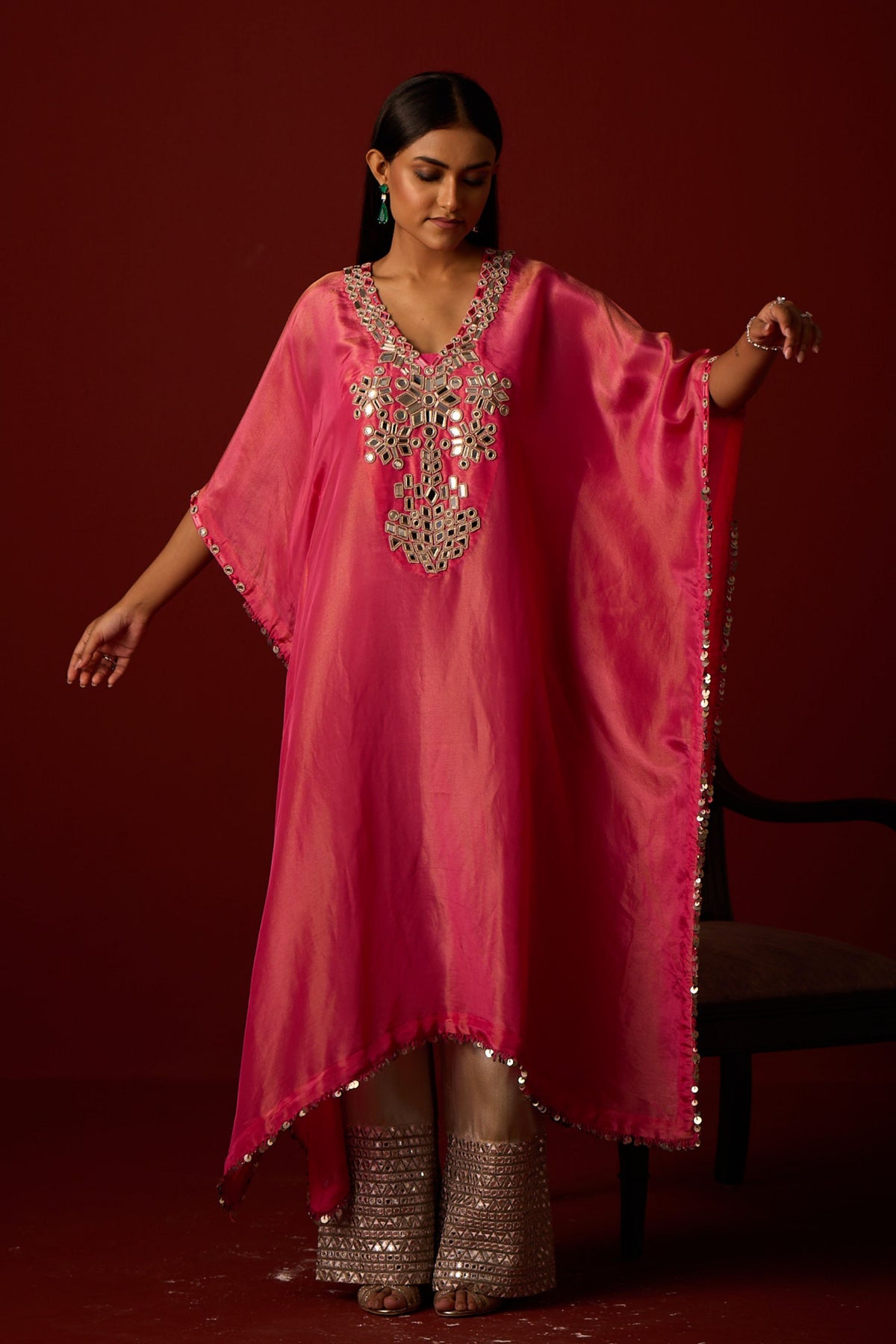 Rani Pink Mirror Work Kaftan Set
