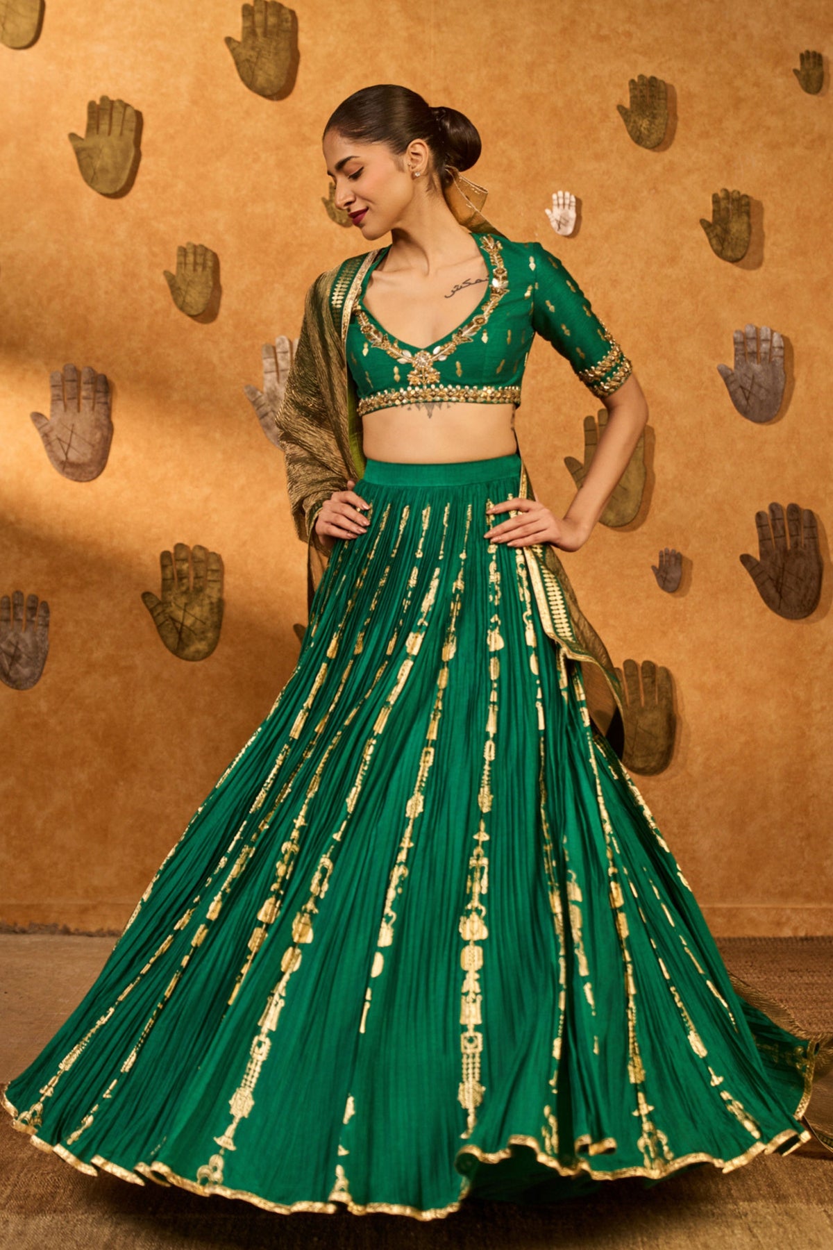 Green Totem Line Lehenga Set