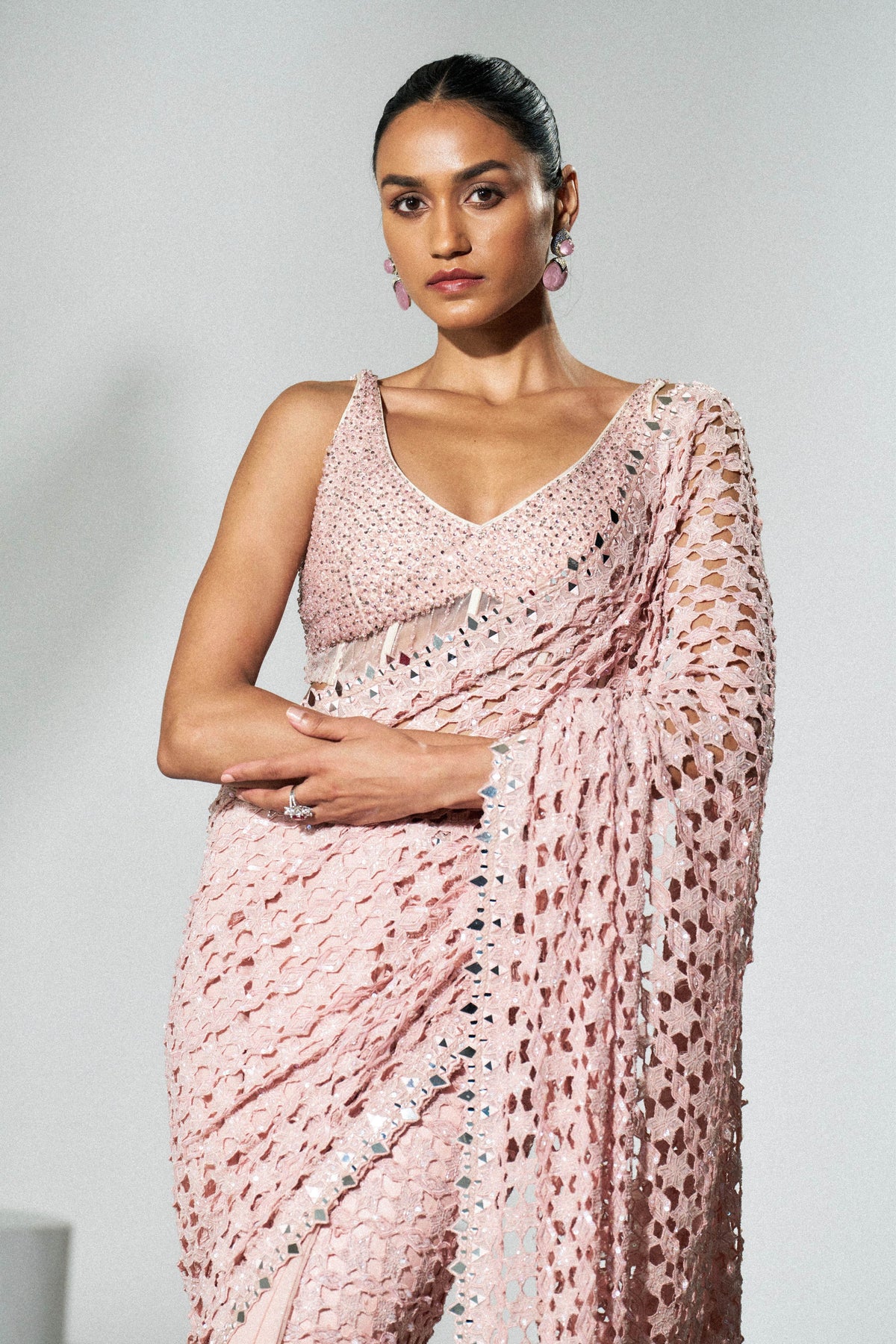 Blush Pink Cutwork Saree Set