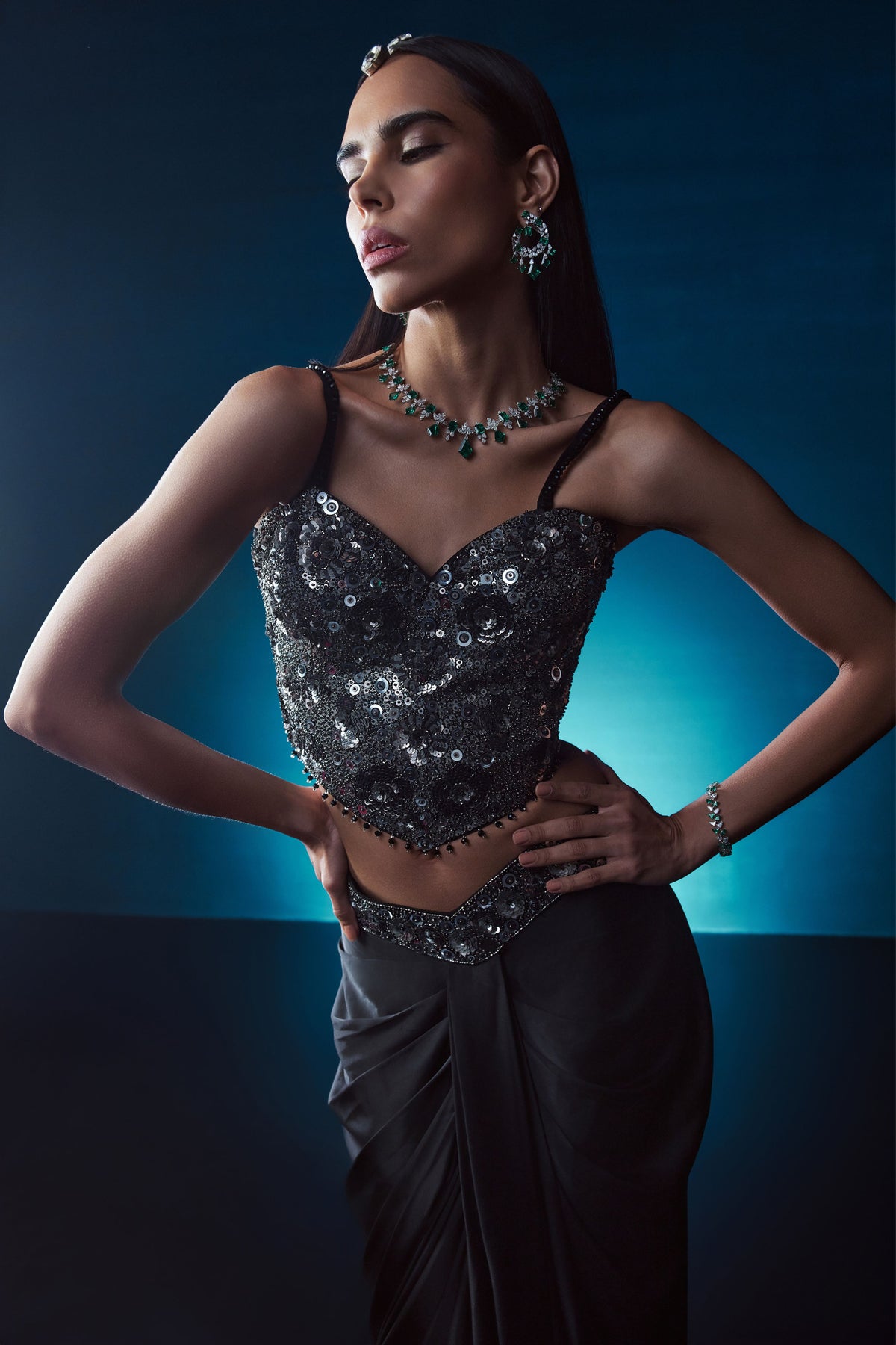 Black Drape Saree Set