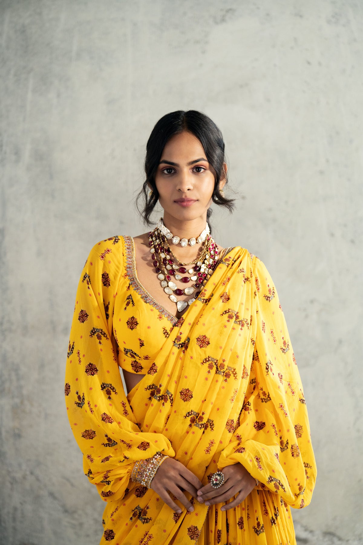 Joyful Yellow Buta Prestitched Saree Set