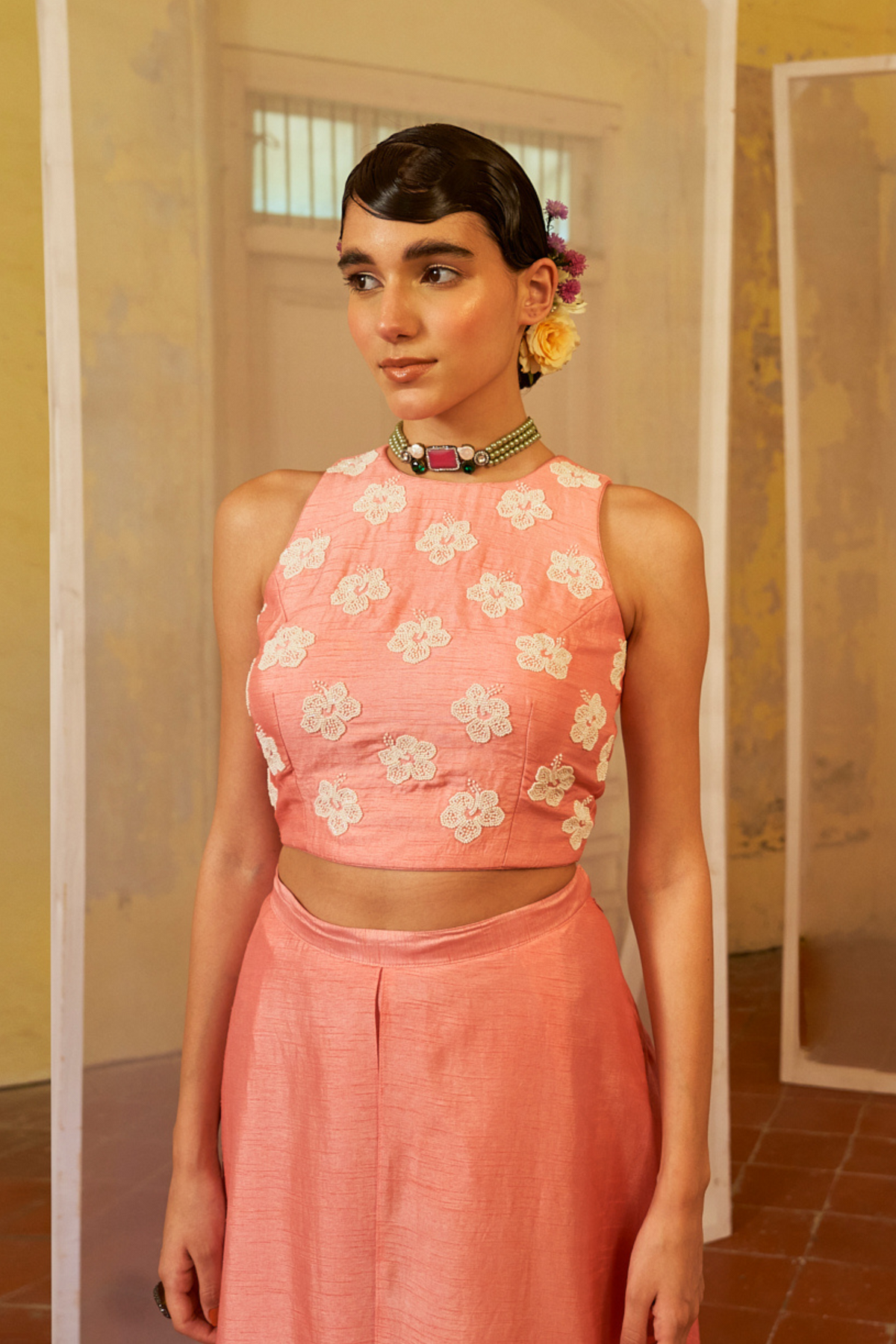Pink Crop Top Palazzo Set