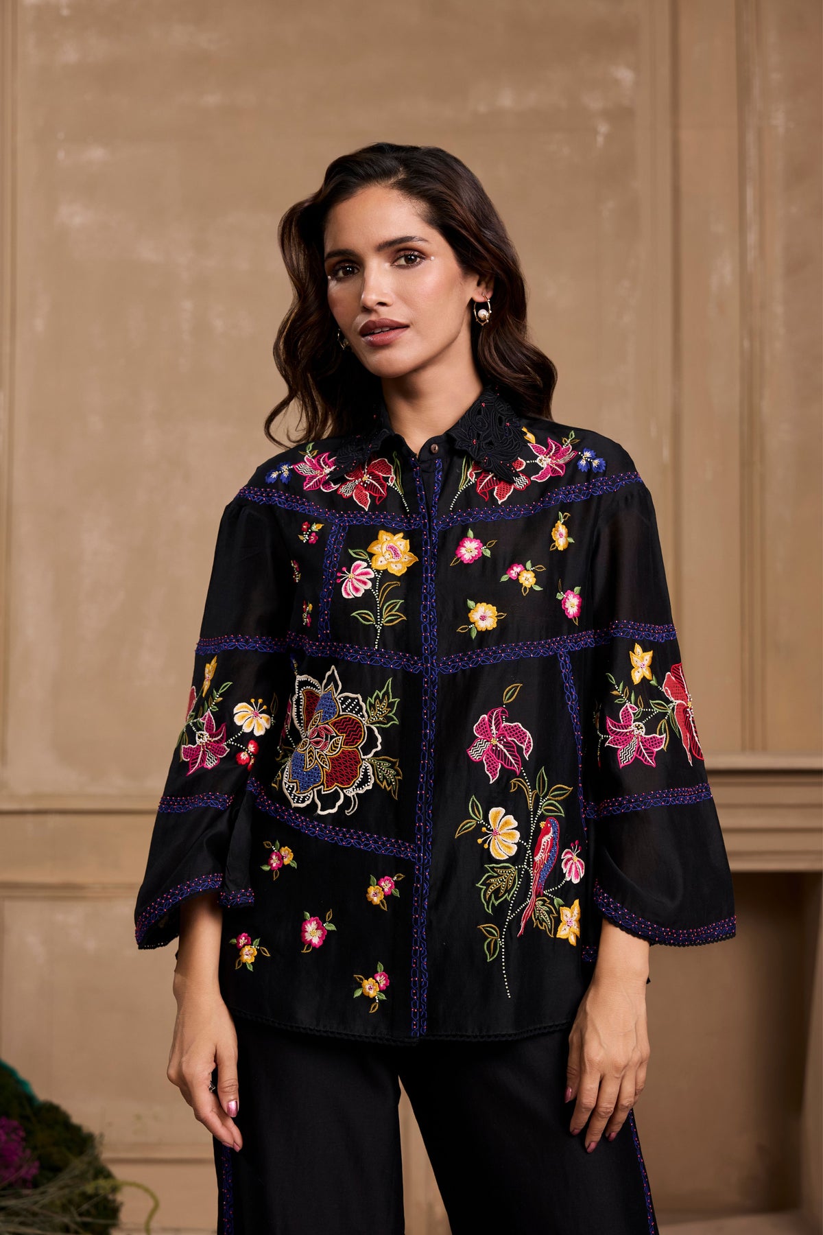 Black Floral Embroidered Pant