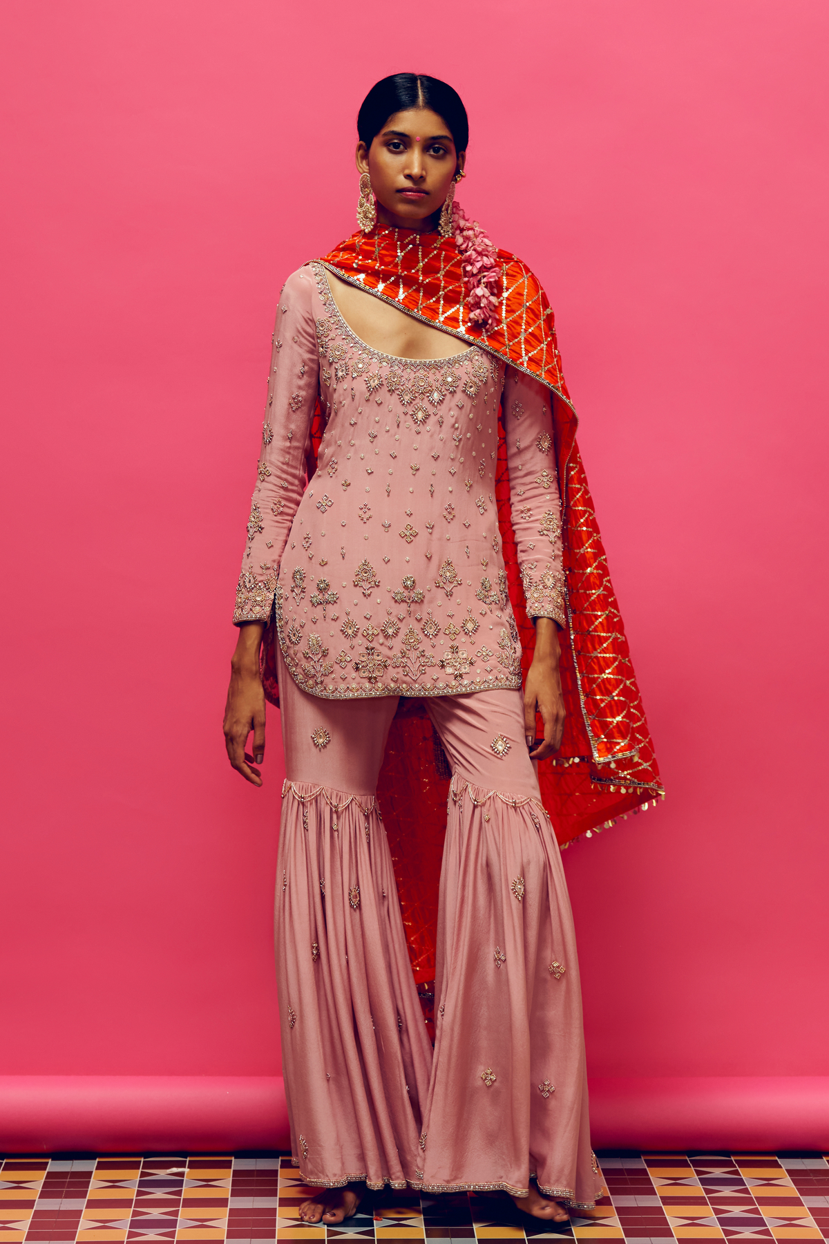 Rose Pink Embroidered Gharara Set