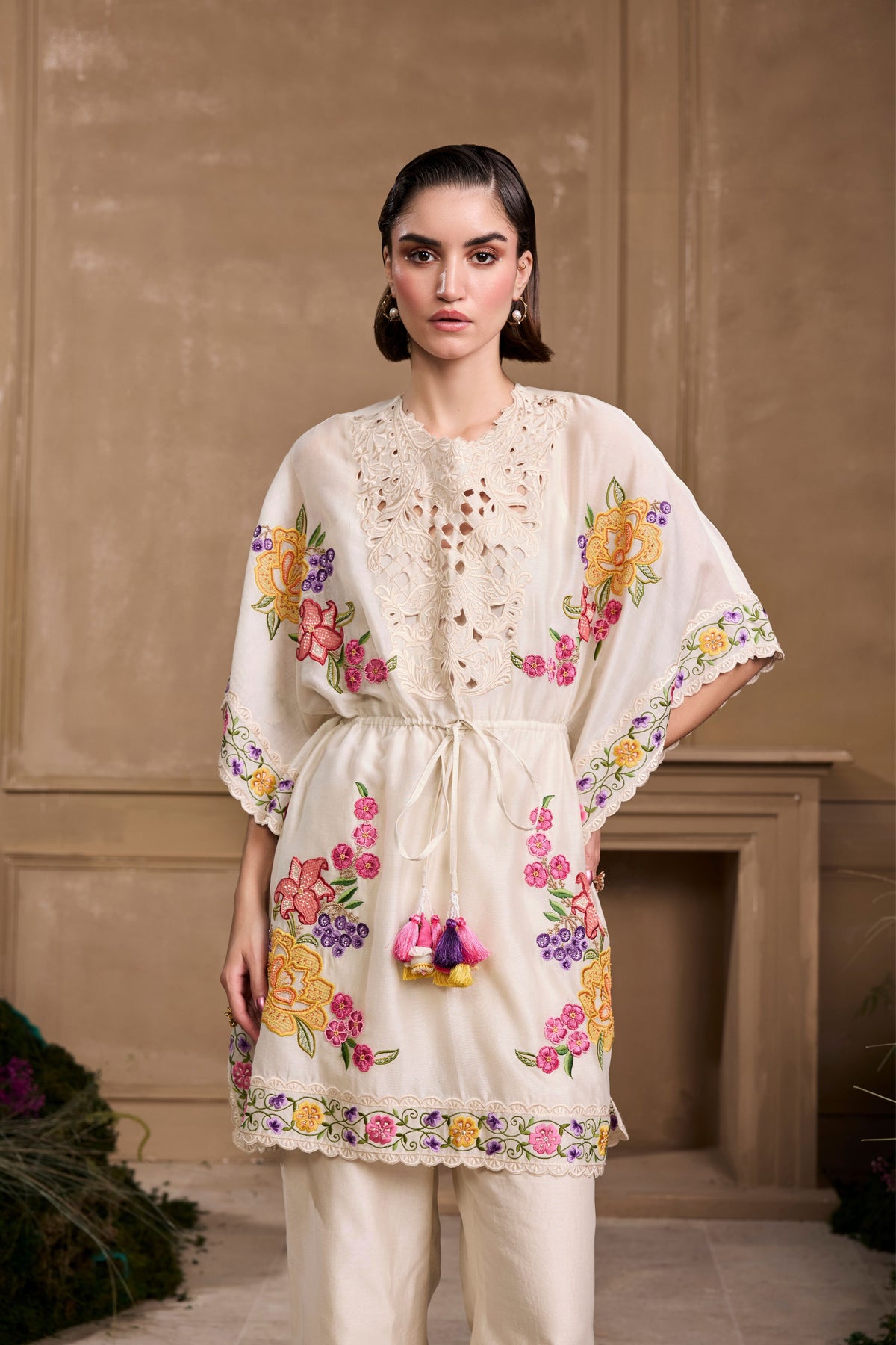 Ivory Floral Embroidered Kaftan