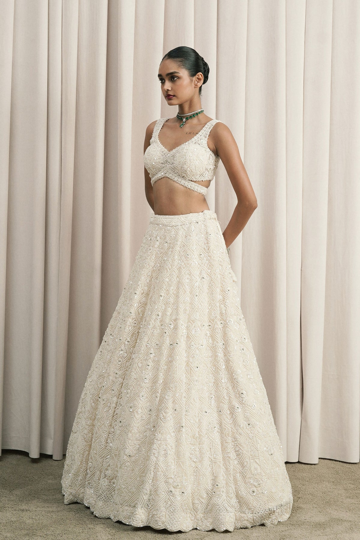 Ivory Geometric Embroidered Lehenga Set