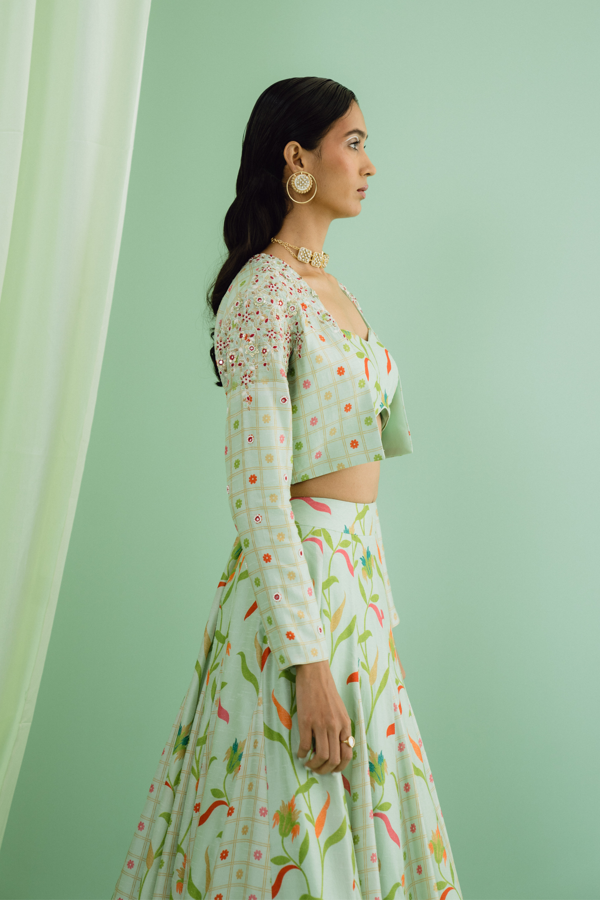 Green Godet Lehenga Set