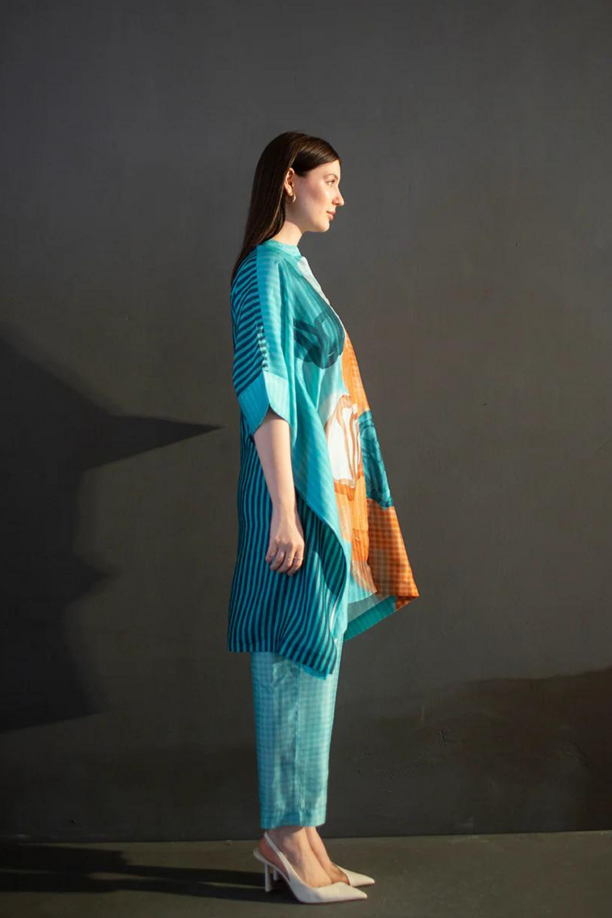 Floral Print Dupion Silk In Blue Tunics Set