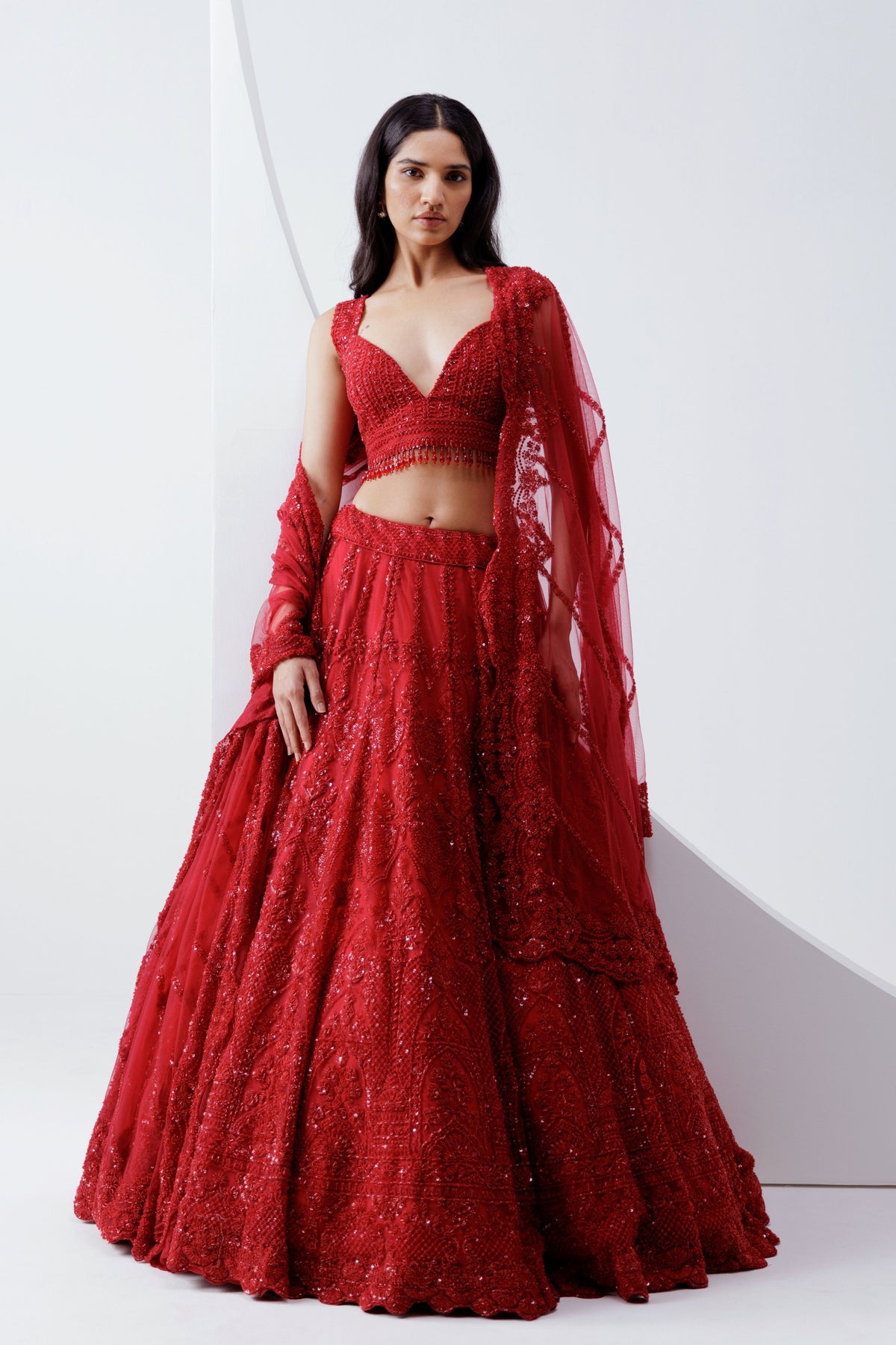 Red Embroidered Lehenga Set