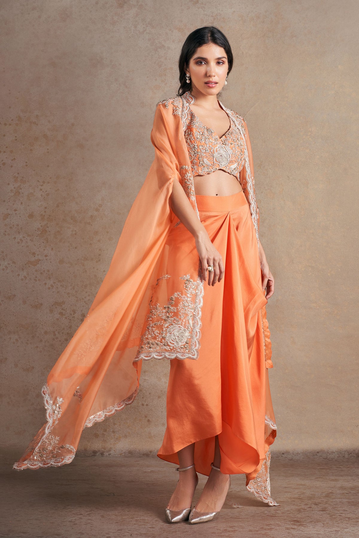 Sumptuous Coral Orange Cape Set