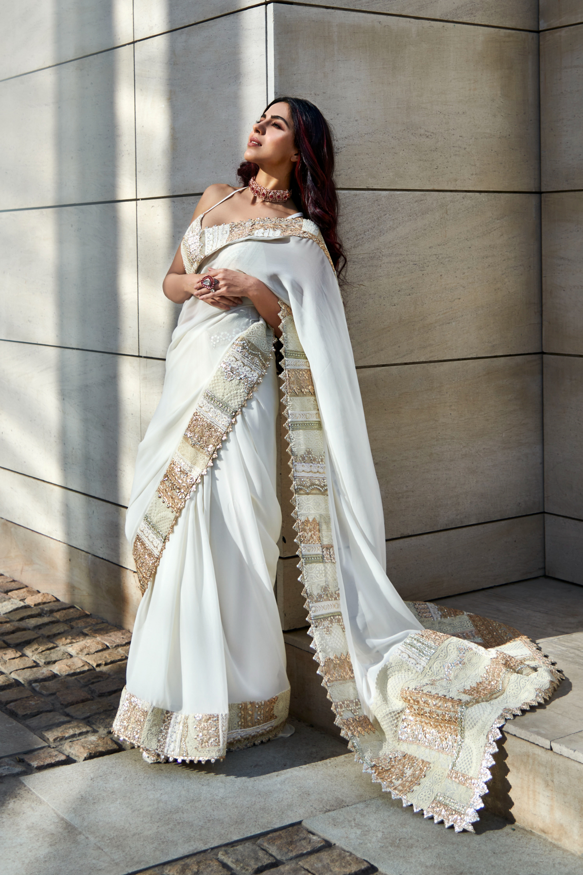 Ivory andgold multi patch embroidered saree set
