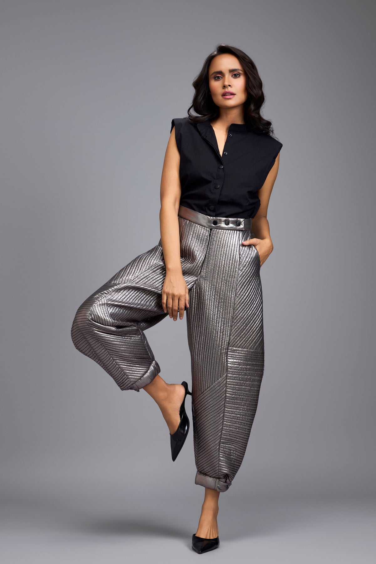 Metallic Gunmetal Quilted Pants