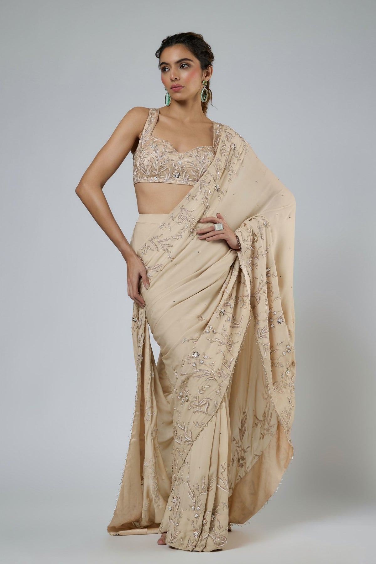 Beige Floral Draped Saree Set
