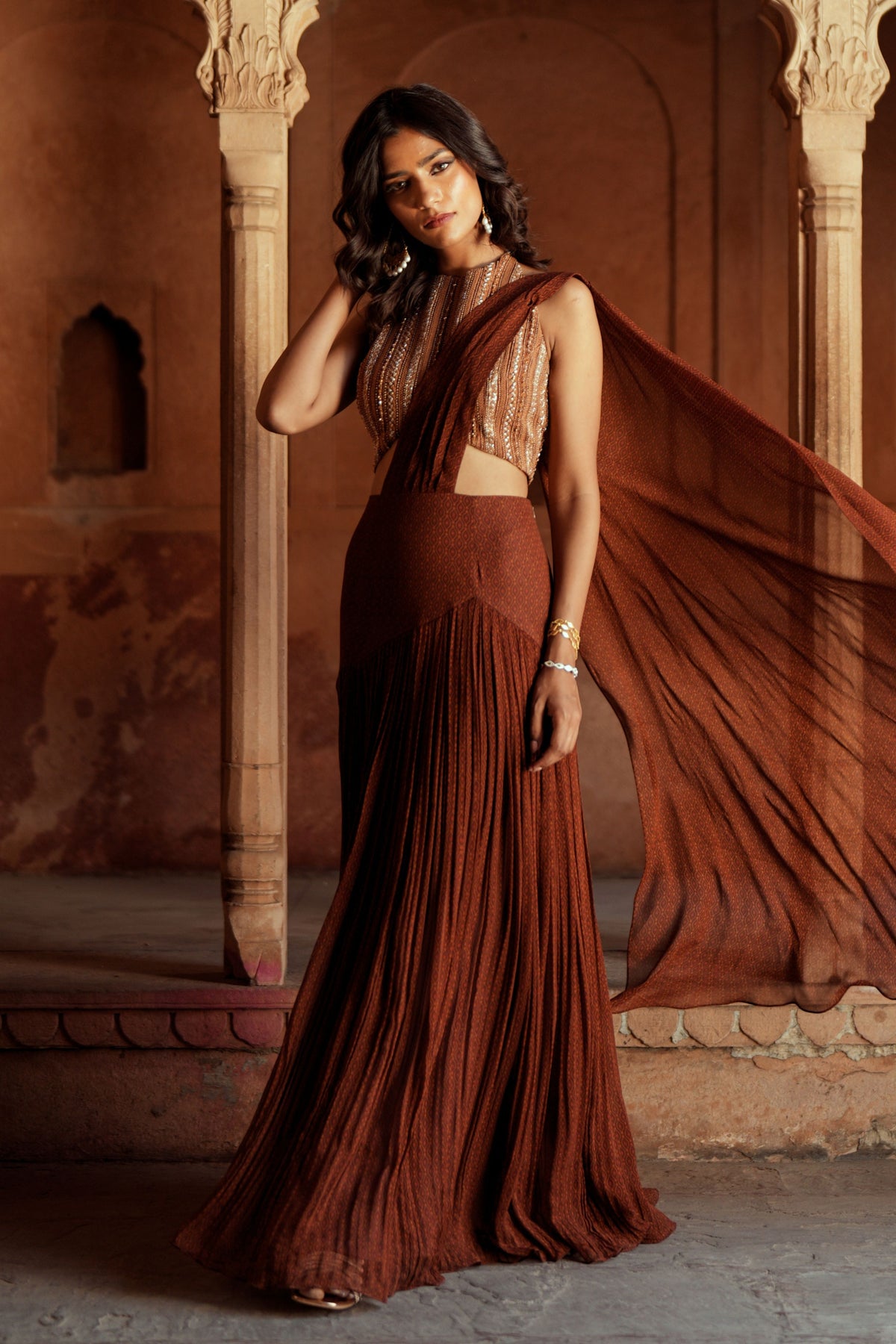 Brown Pre Stitch Drape Saree Set