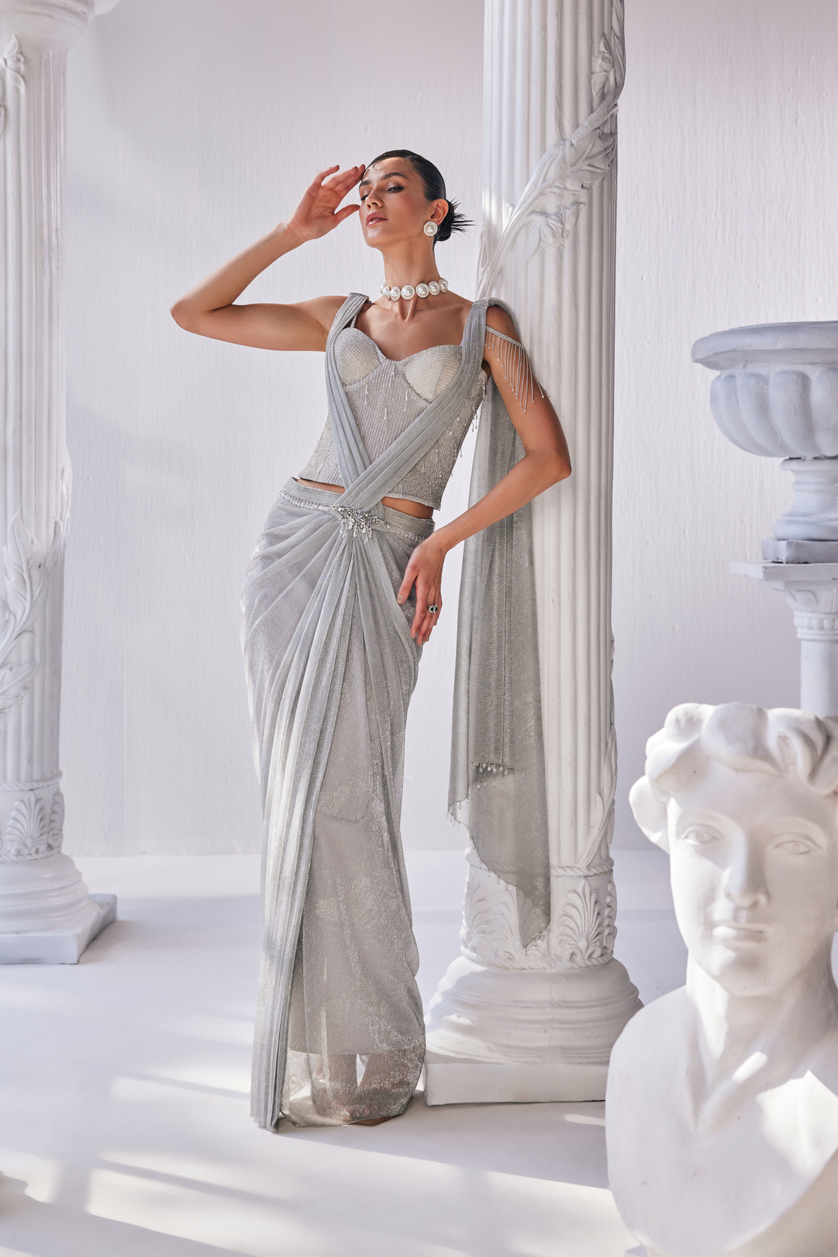 Silver Draped Saree Set