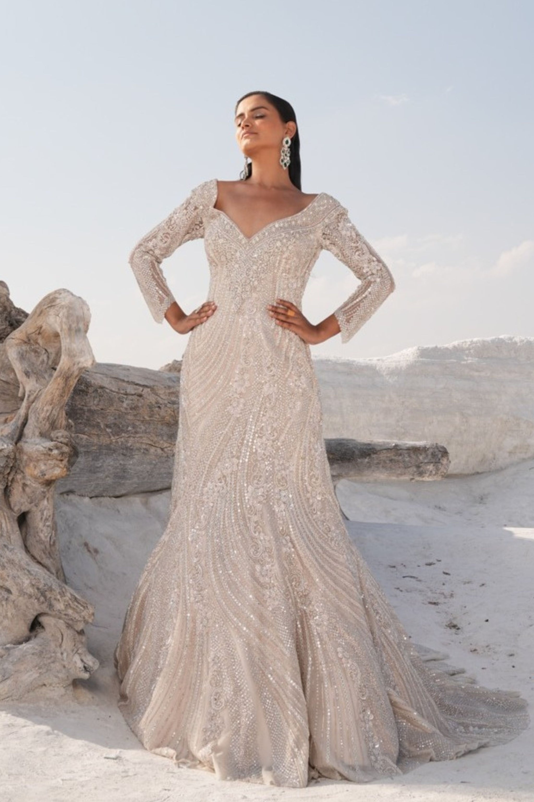 House of Sikka - Ivory Fish Cut Embellished Gown Xs House of Sikka - Ivory Fish Cut Embellished Gown Xs