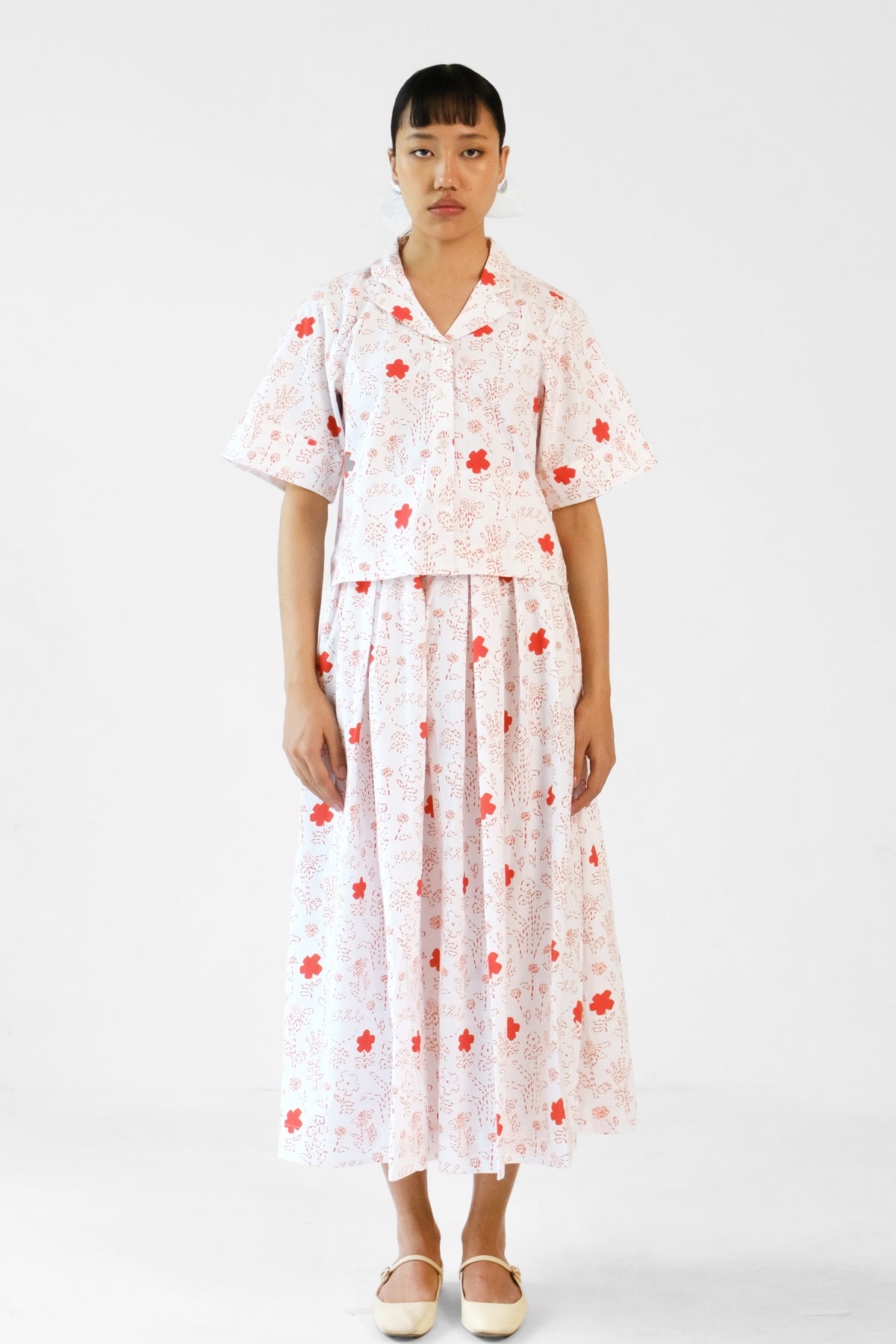 White and Red Skirt Set