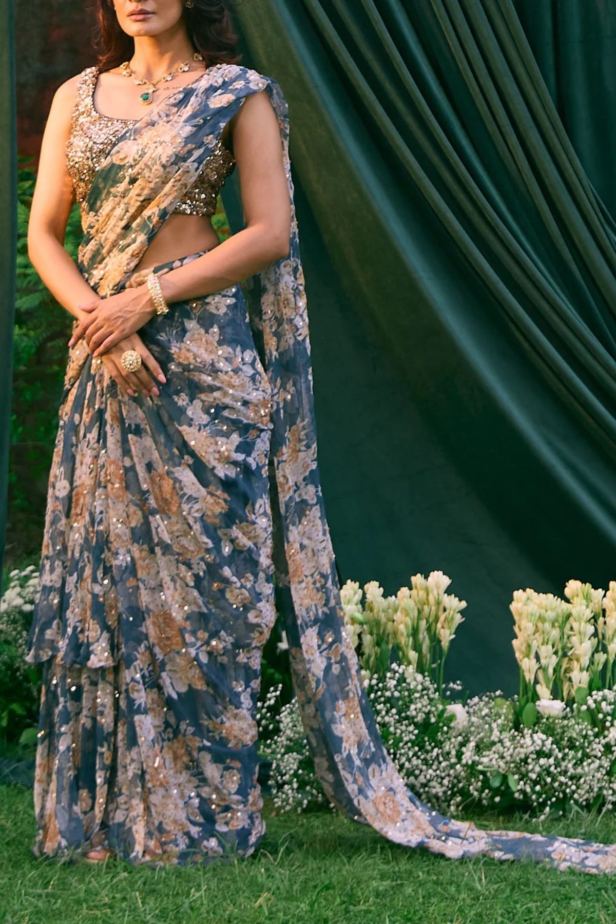 Teal Blue Floral Saree