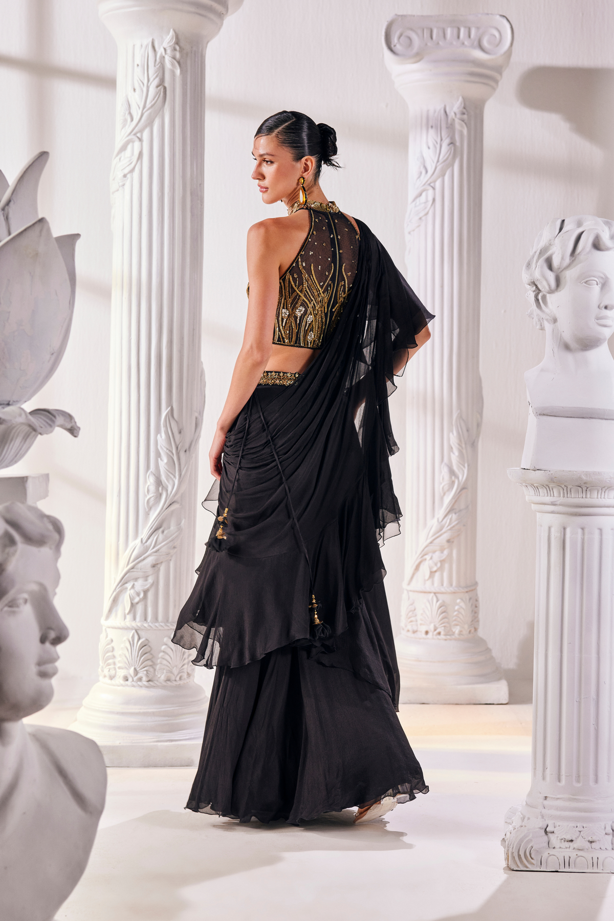 Black Embroidered Drape Saree Set