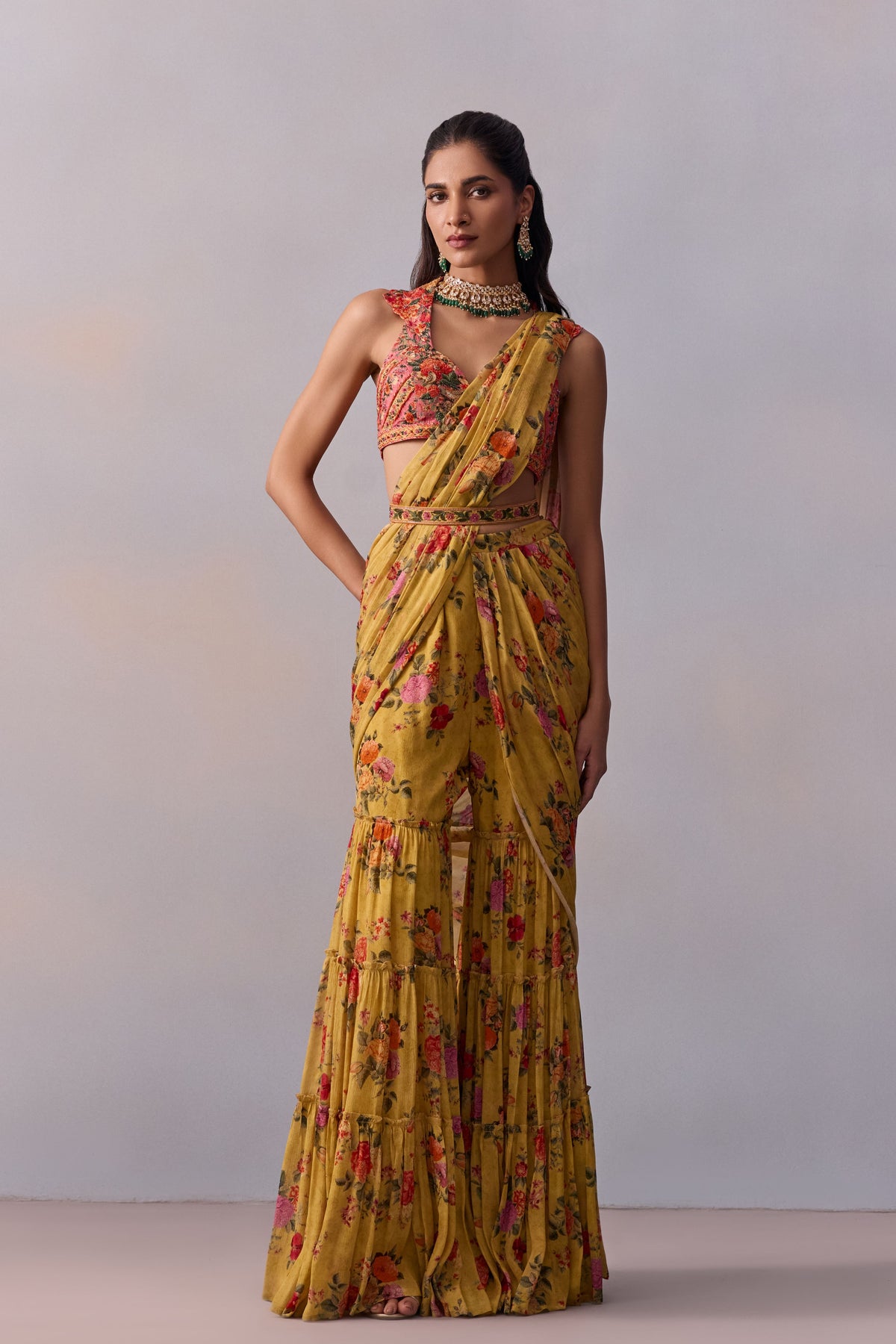 Yellow Sabia Pre-draped Saree Set