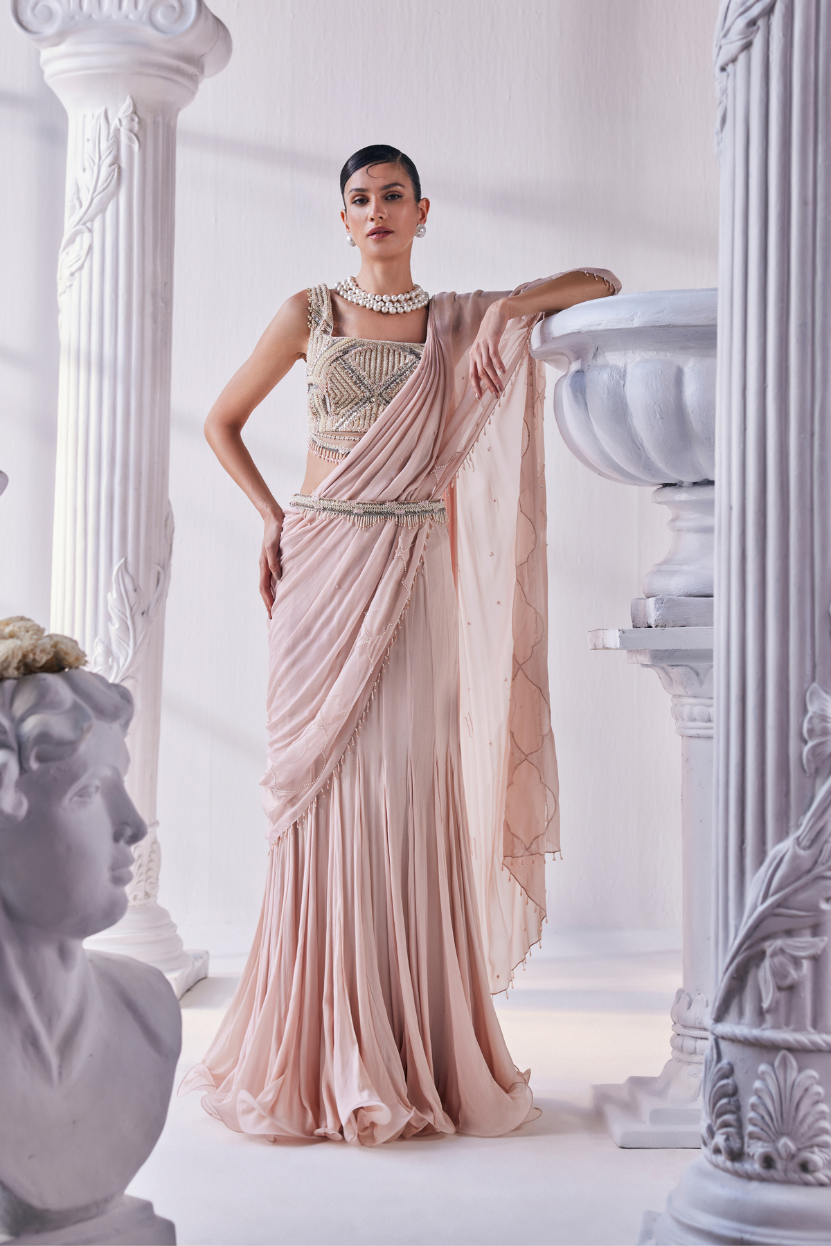 Peach Chiffon Drape Saree Set