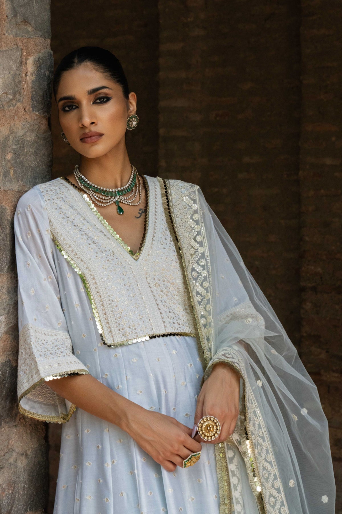 Big Border Ice Blue Anarkali Set