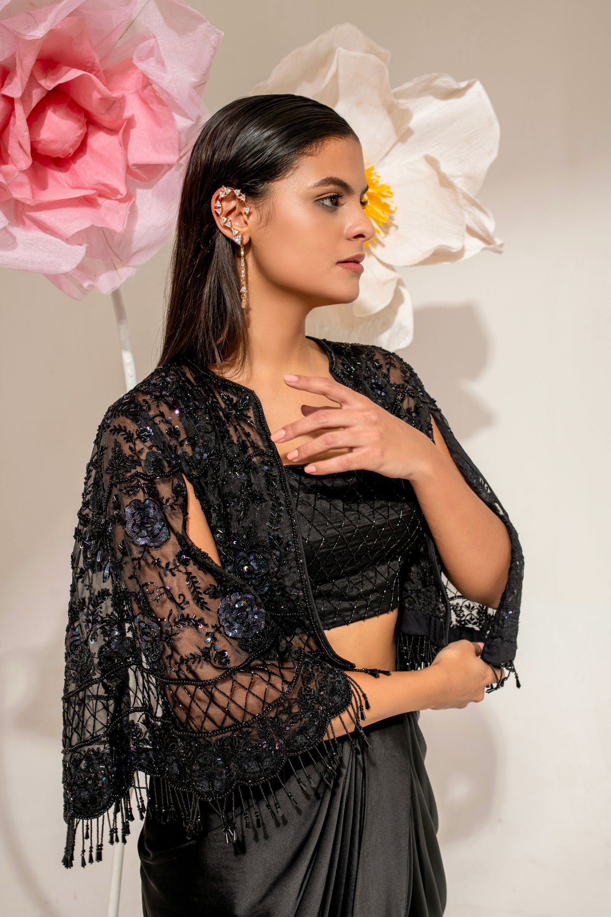 Black Satin Embroidered Cape Set