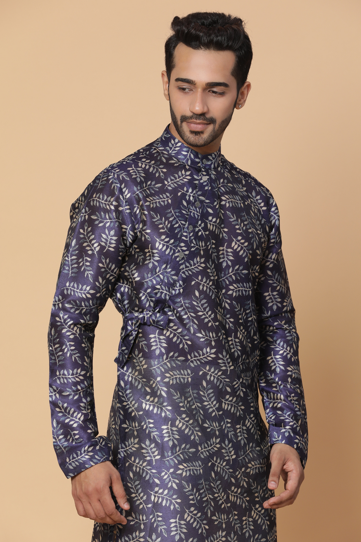 Blue side knot silk kurta