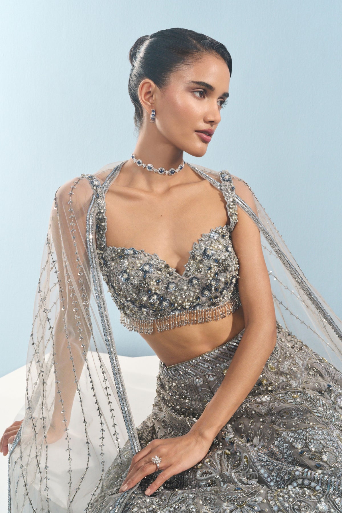 Grey Tulle Lehenga Set