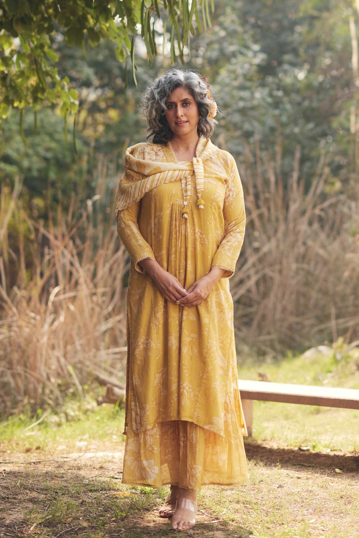 Golden Yellow Printed Kurta Set