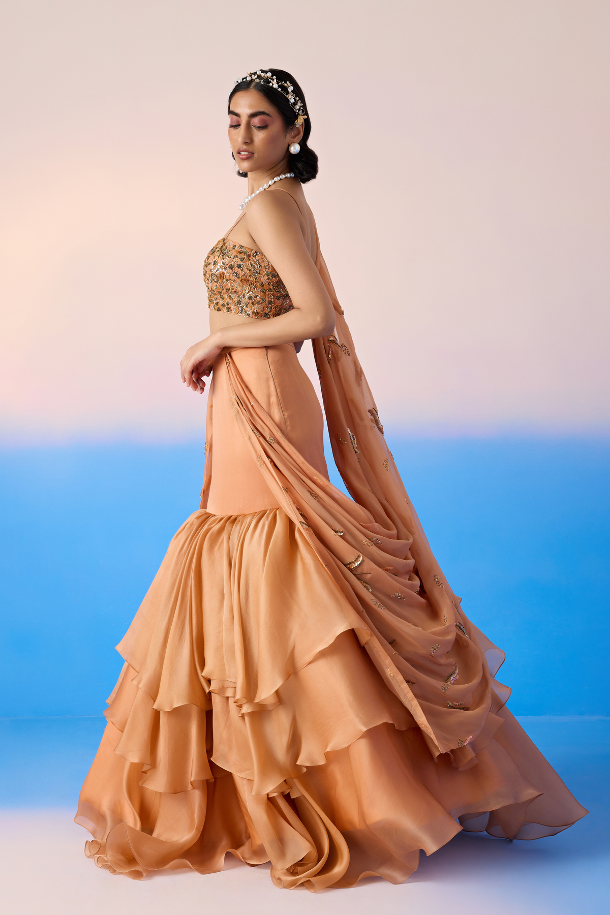 Salmon Layered Lehenga With Dupatta &amp; Blouse