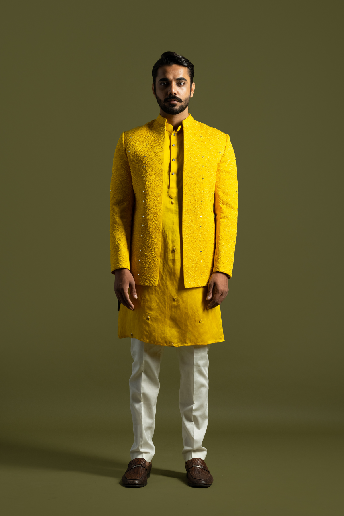 Yellow Linen Satin Achkan Set