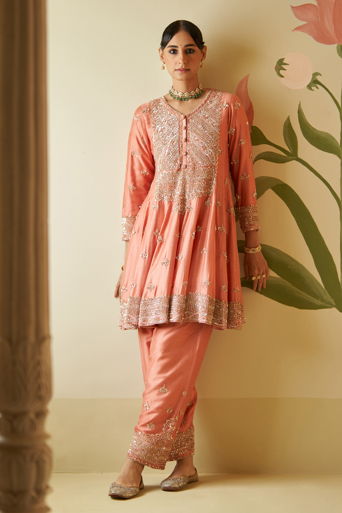 Salmon Chanderi Silk Anarkali Set