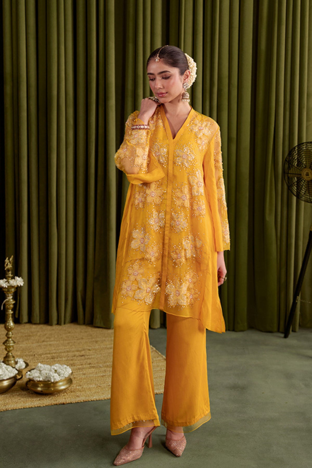 Golden Yellow Floral Kurta Set