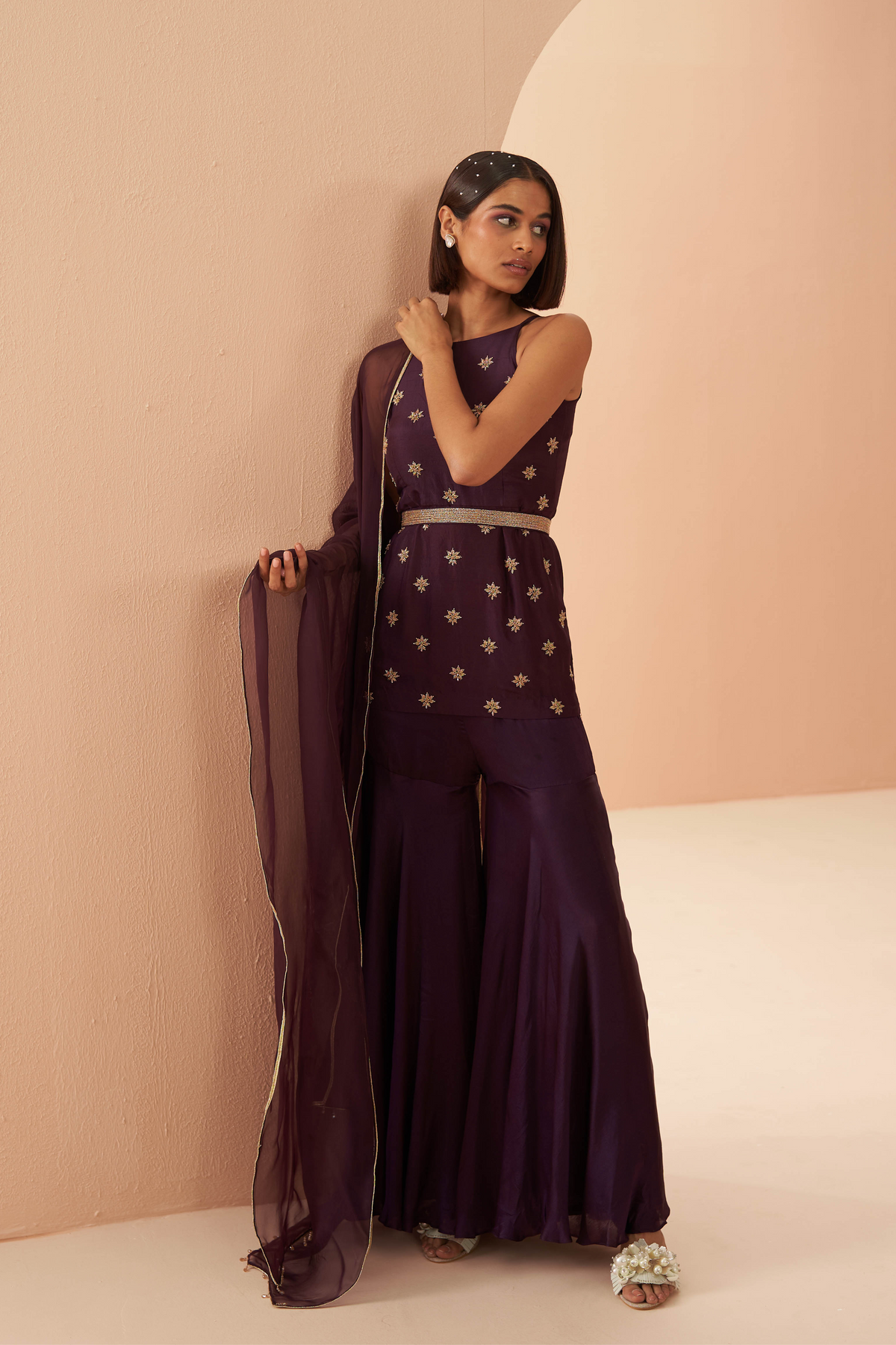 Deep Wine Sharara Set