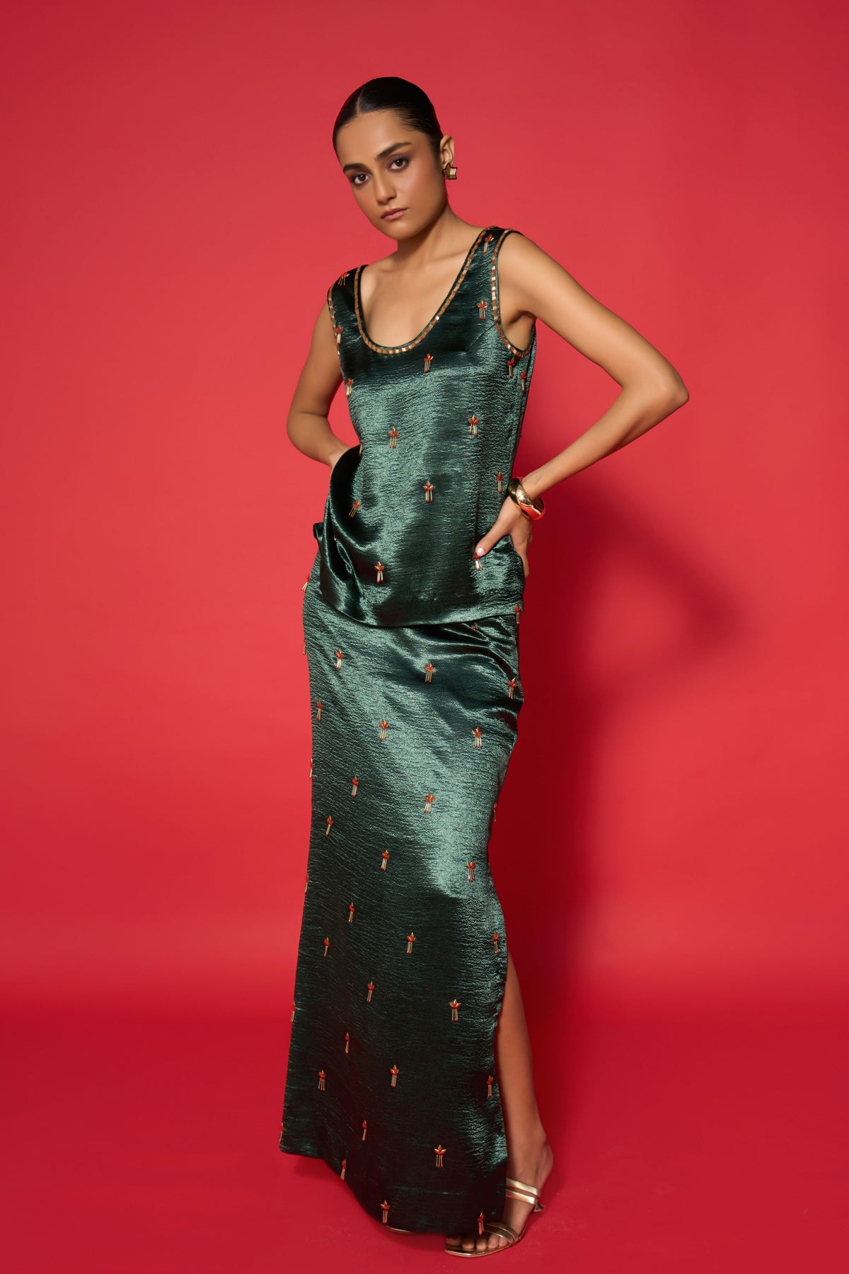 Prina Embroidered Top With Skirt Set