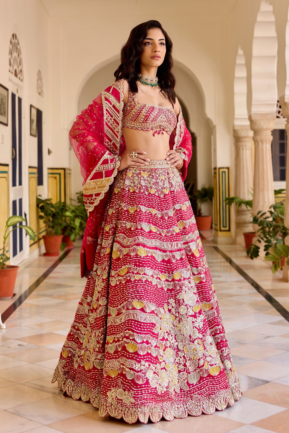 Cut Ruby Organza Lehenga Set
