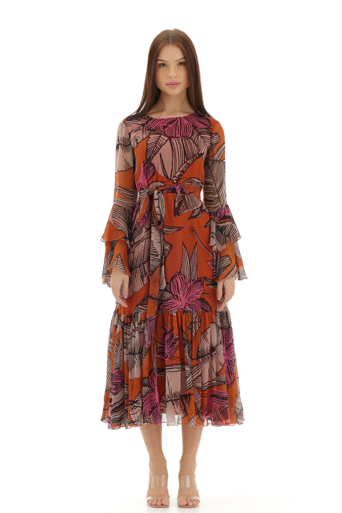 Orange and Beige Midi Dress