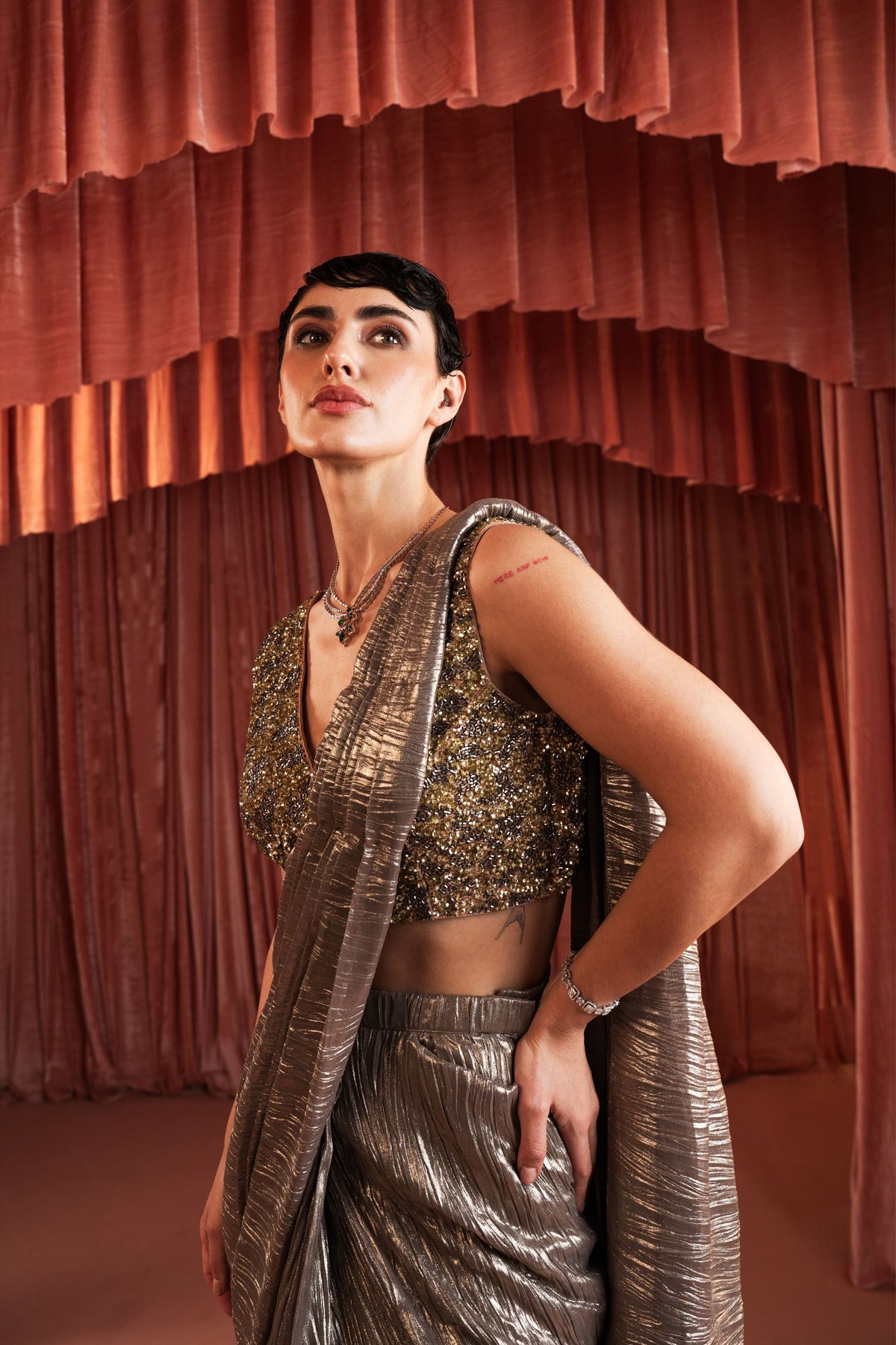 Silver Beaded Draped Saree Set