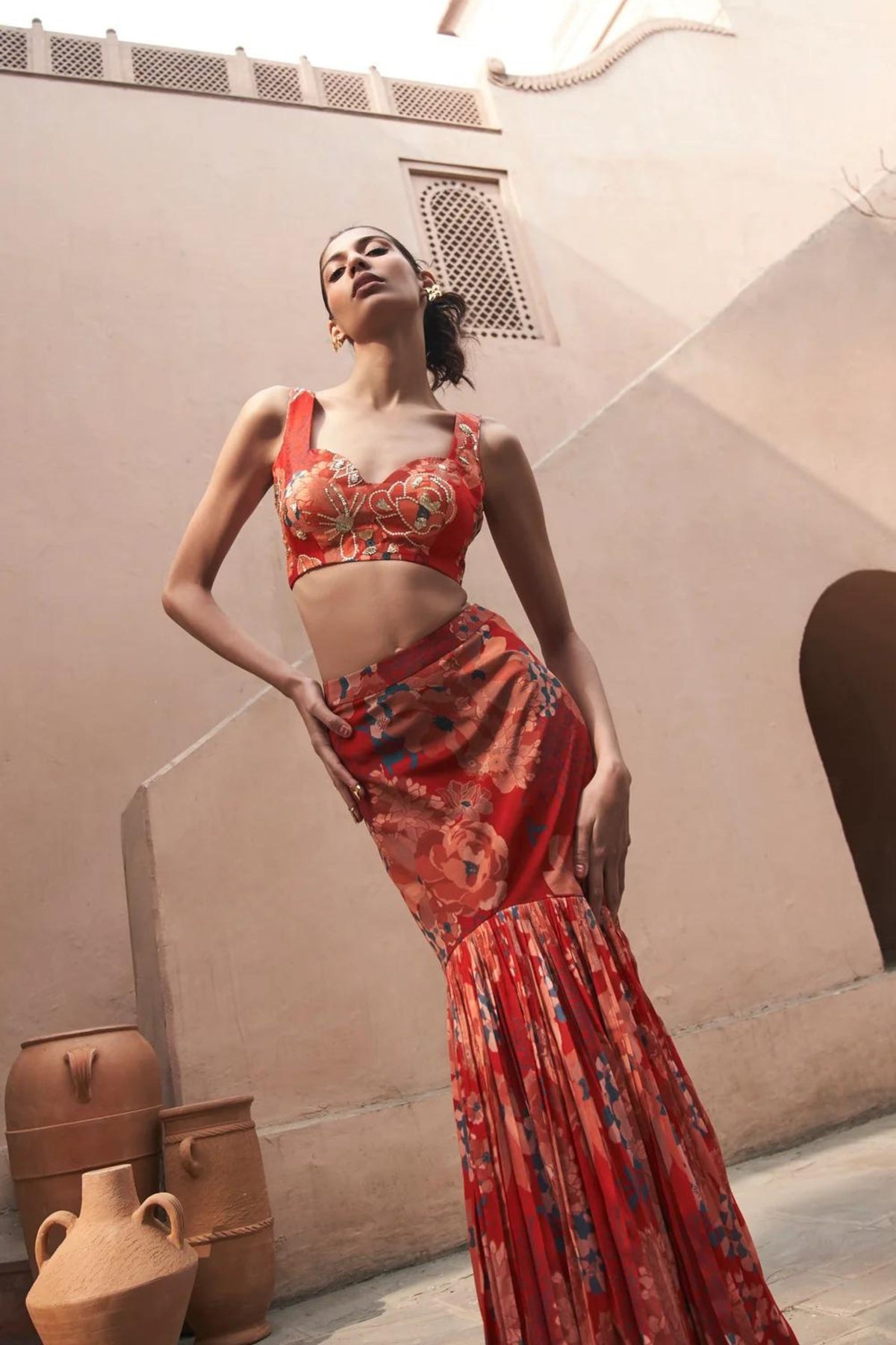 Red Moroccan Fish Lehenga Set