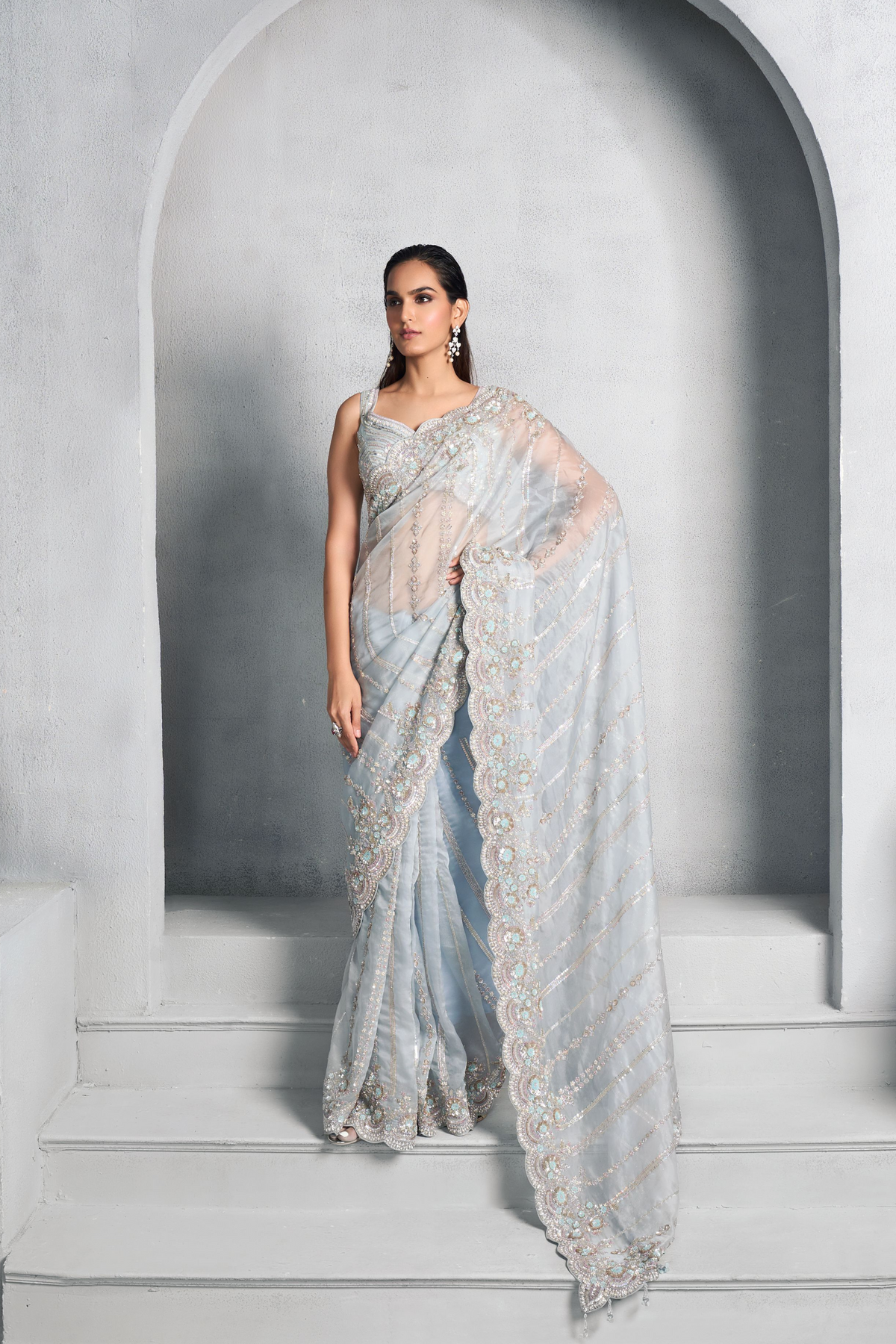 Classic Ice Blue Organza Saree