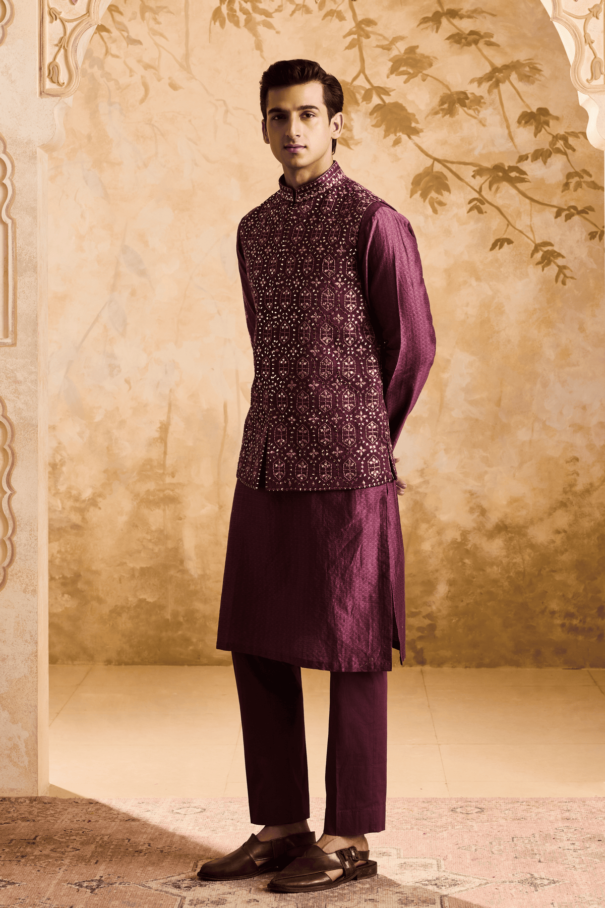 Wine Mirrorwork Bundi Kurta Set